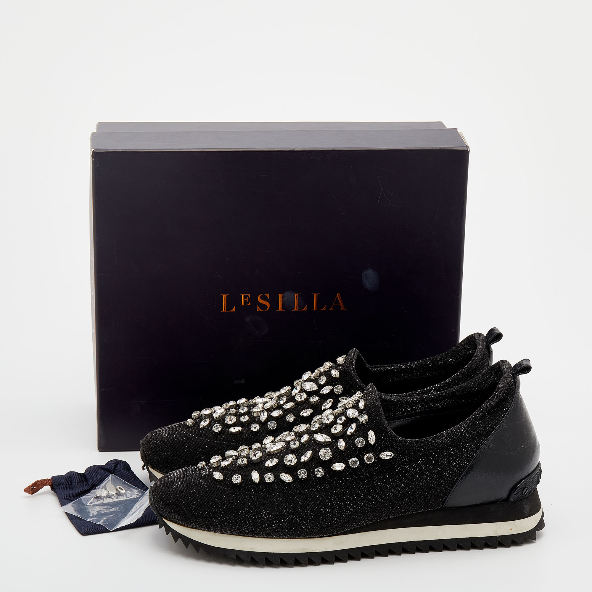 Le Silla Black Lurex Fabric And Leather Crystal Embellished Slip On Sneakers Size 40