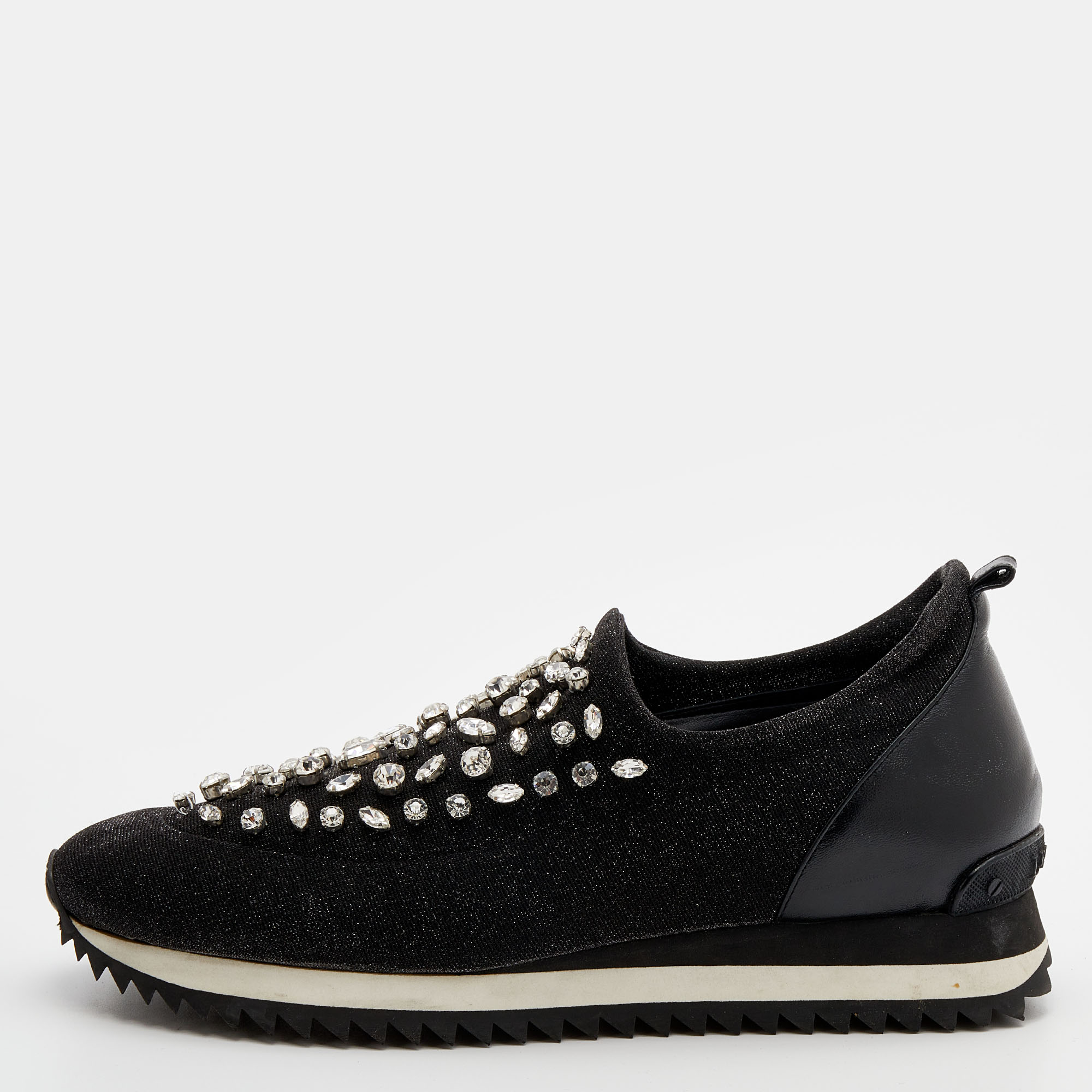 Le silla black lurex fabric and leather crystal embellished slip on sneakers size 40