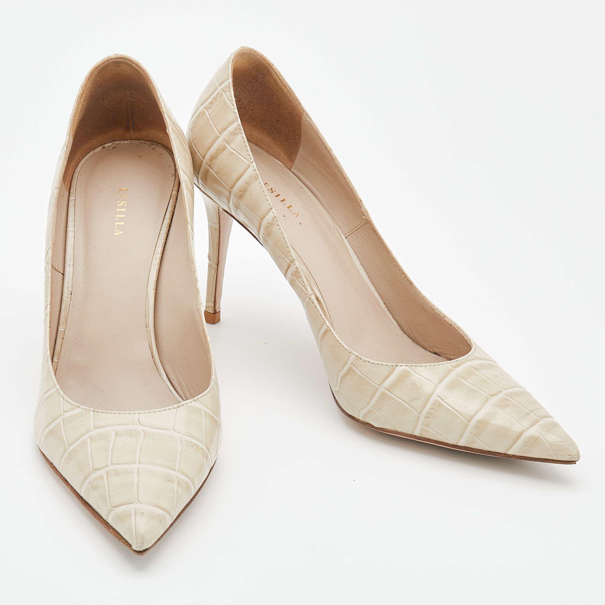 Le Silla Off-White Croc Embossed Leather Eva Pointed Toe Pumps Size 36