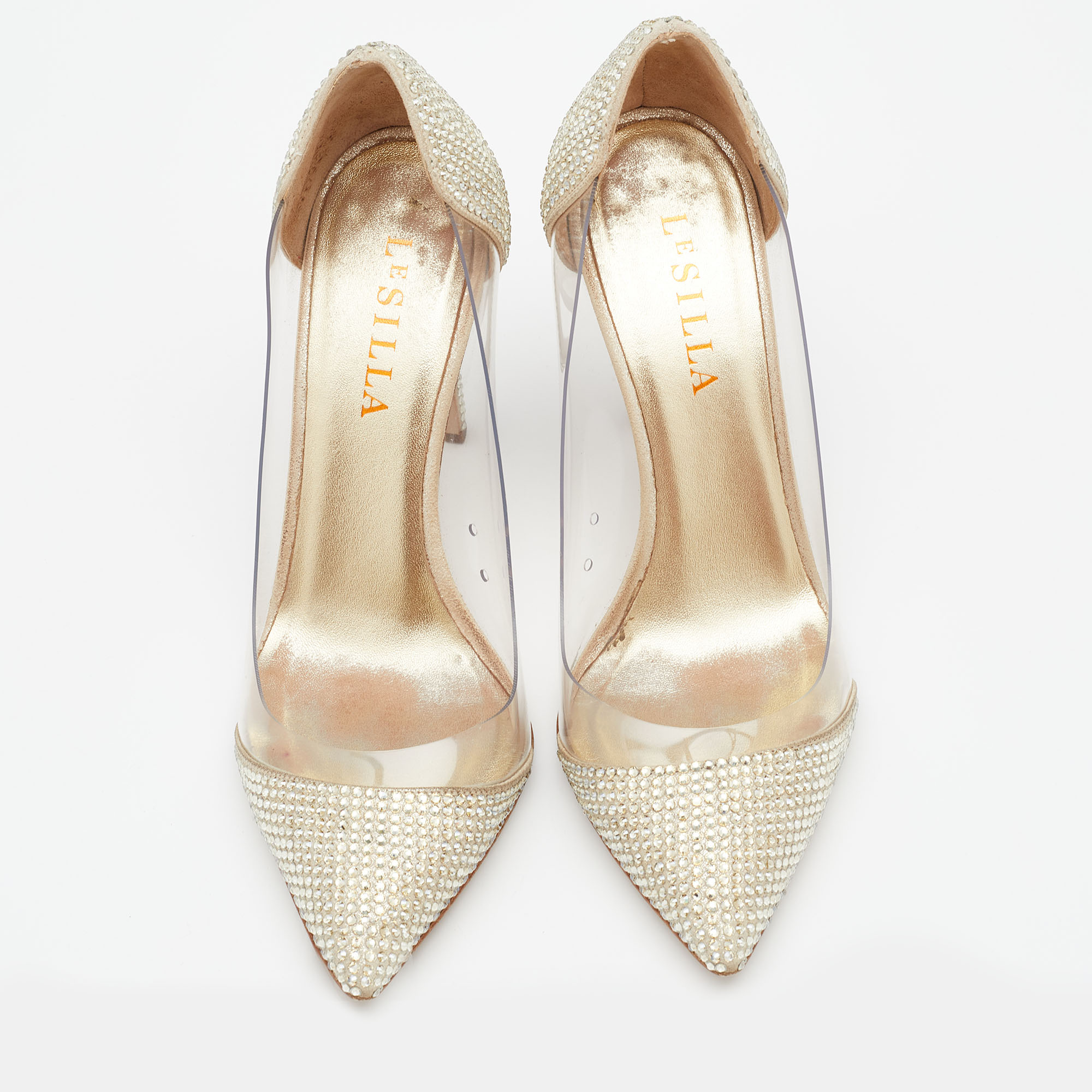 Le Silla Metallic Gold Suede And PVC Crystal Embellished Pumps Size 37