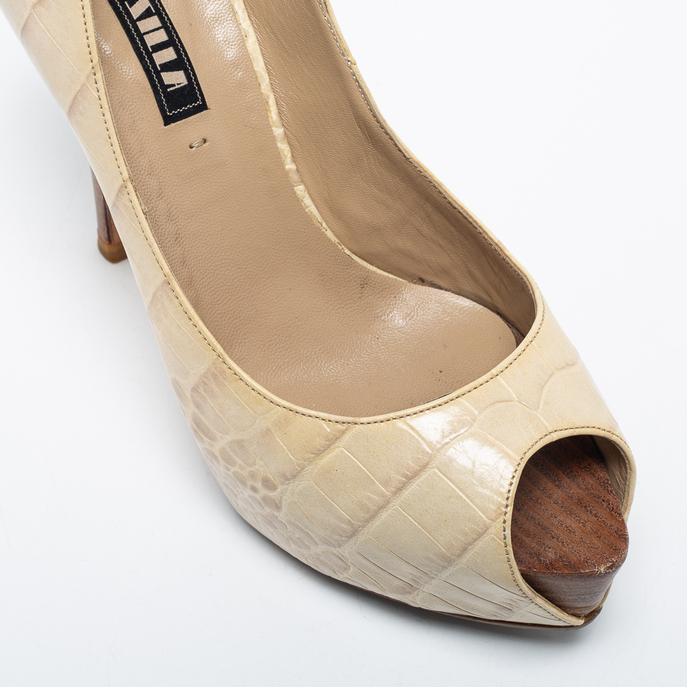 Le Silla Cream Croc Embossed Leather Peep Toe Pumps Size 36.5