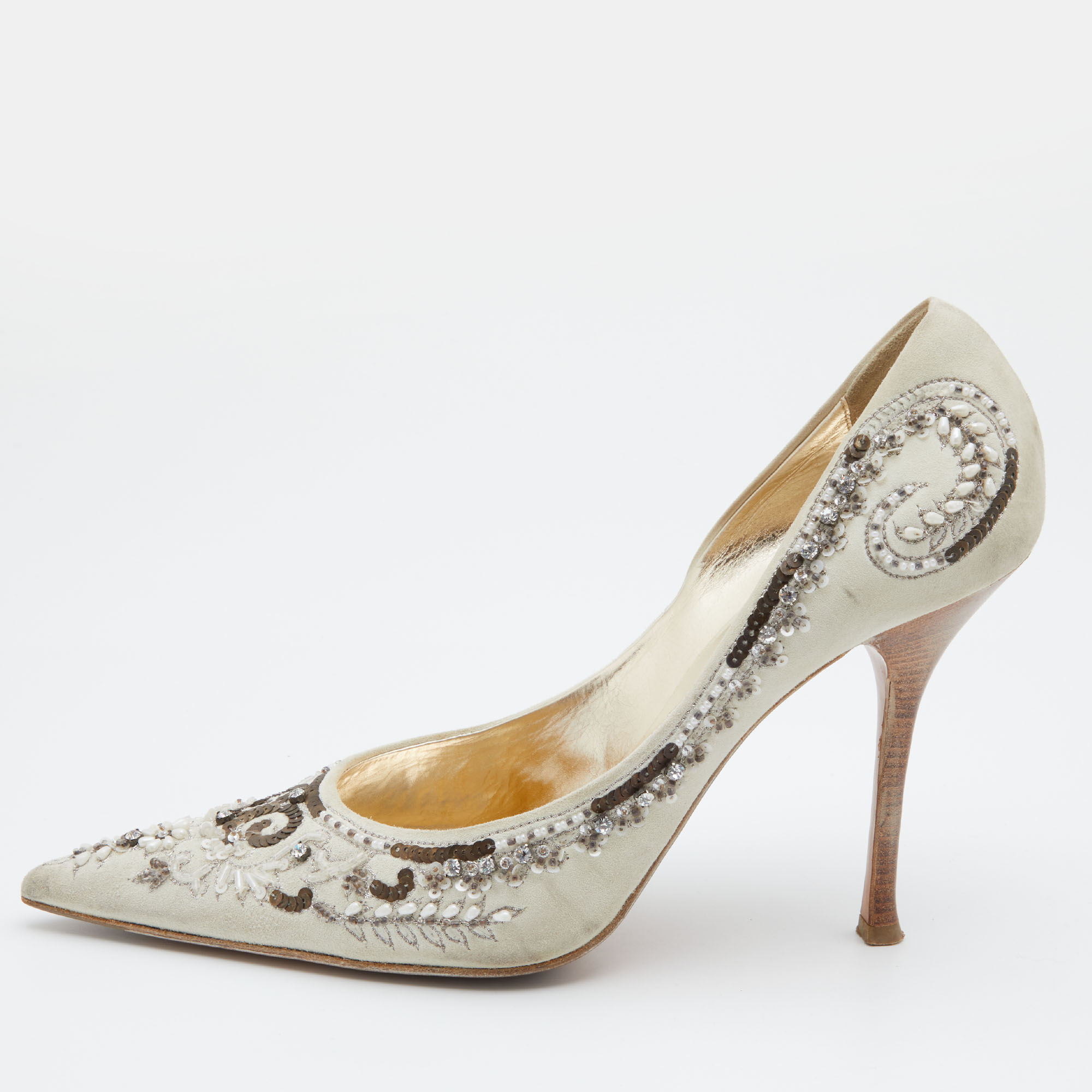 Le silla off white suede crystal embellished pointed toe pumps size 40