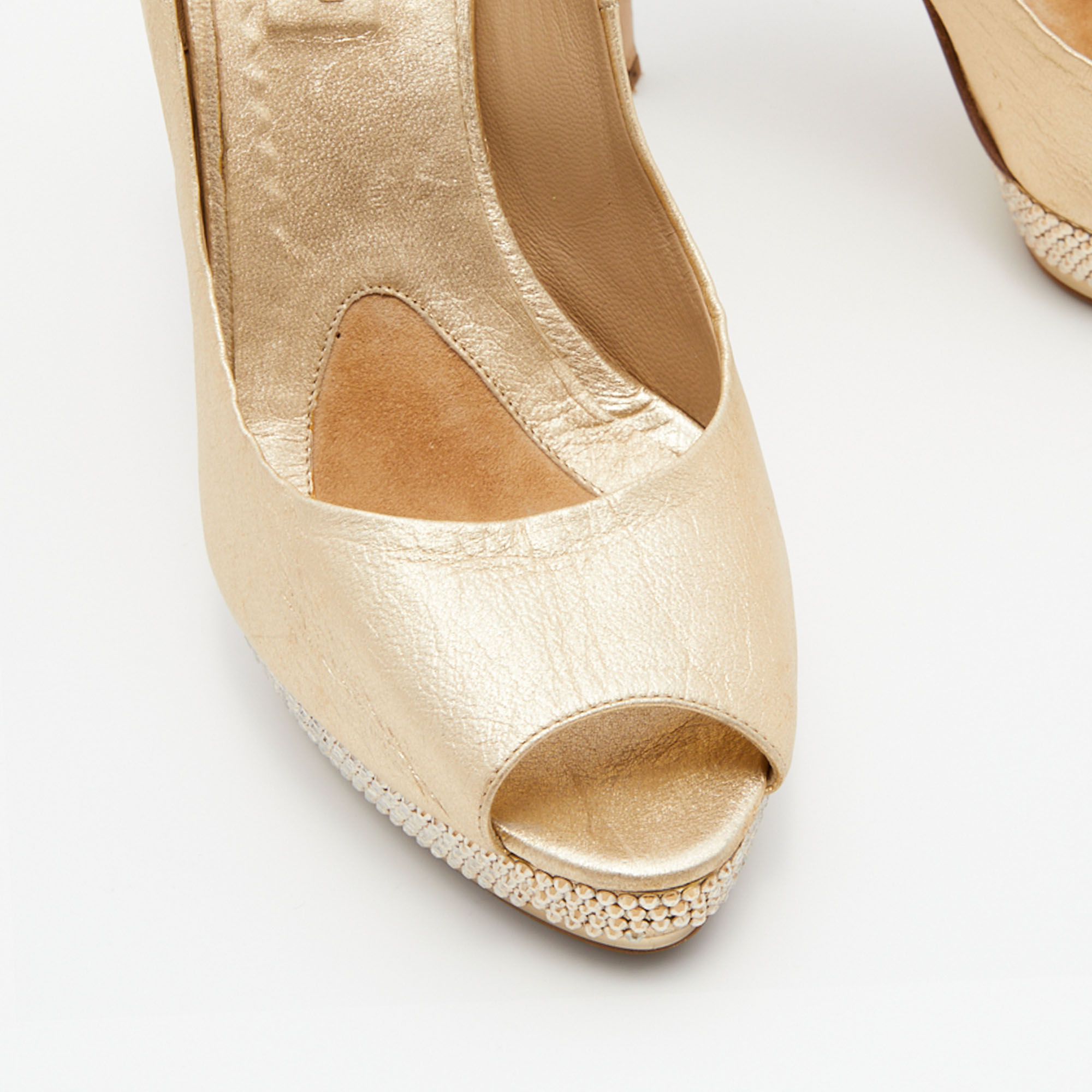 Le Silla Gold Leather Crystal Embellished Platform Peep Toe Pumps Size 38.5