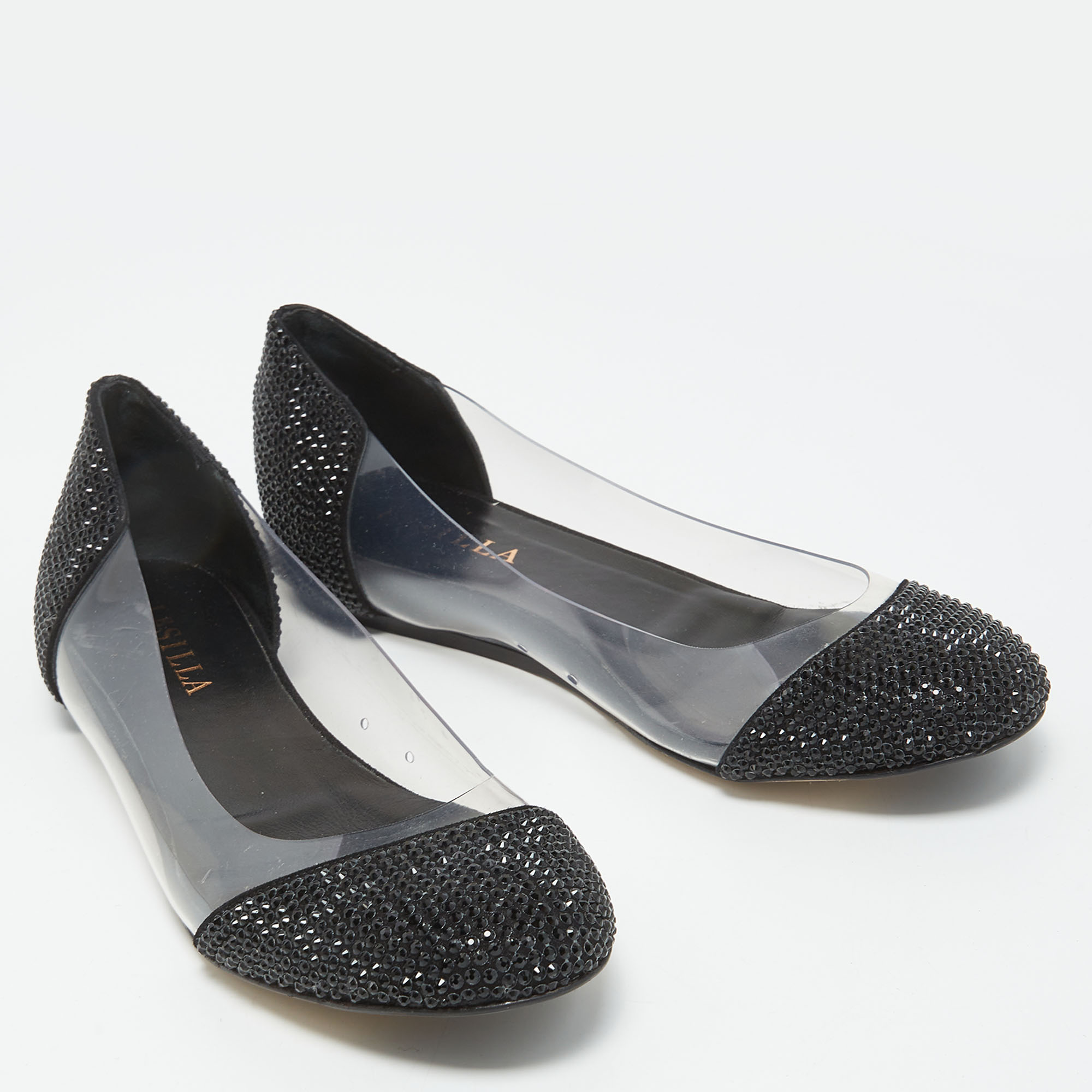 Le Silla Black Crystal Embellished Leather And PVC Ballet Flats Size 38.5