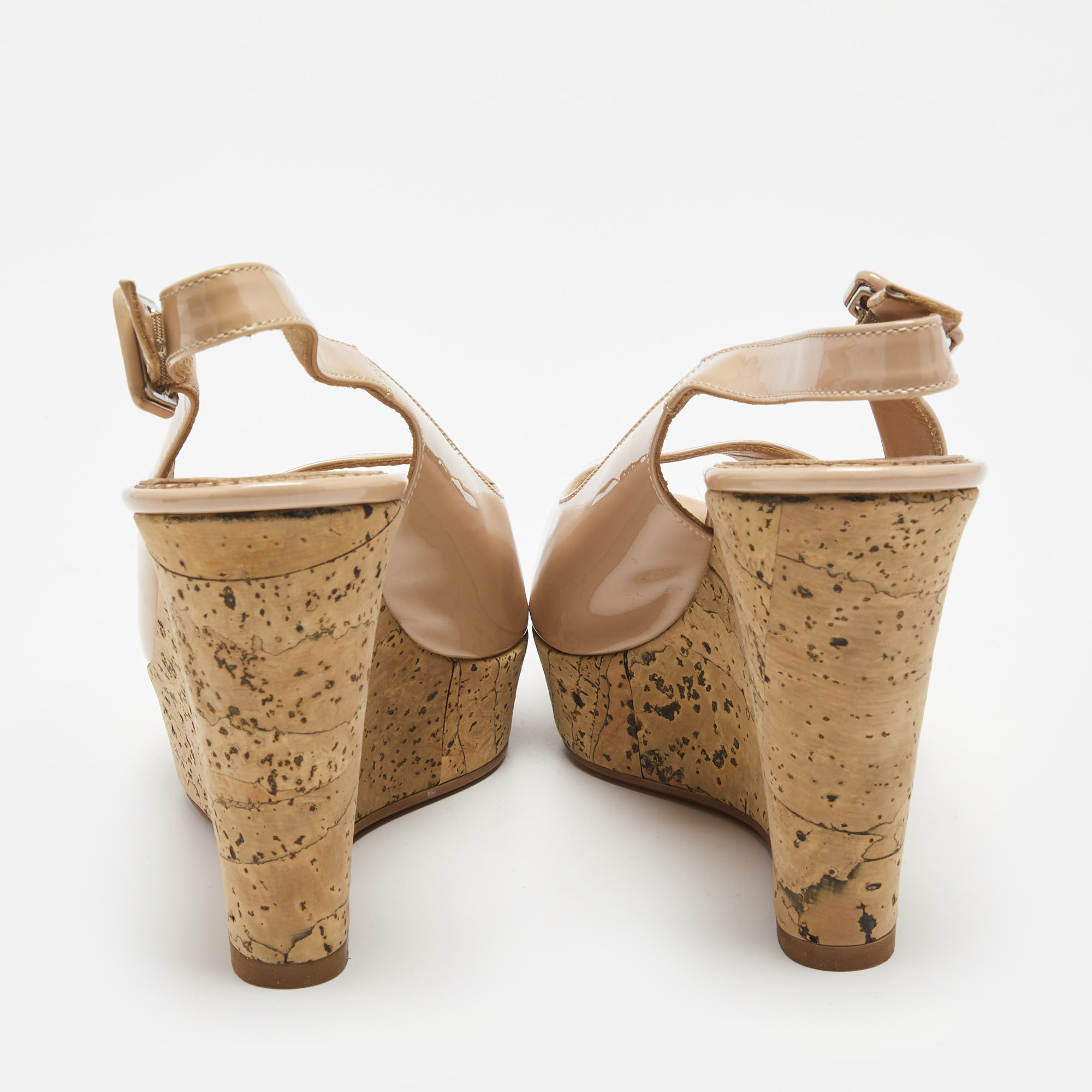 Le Silla Beige Patent Leather Cork Wedge Peep Toe Slingback Sandals Size 39