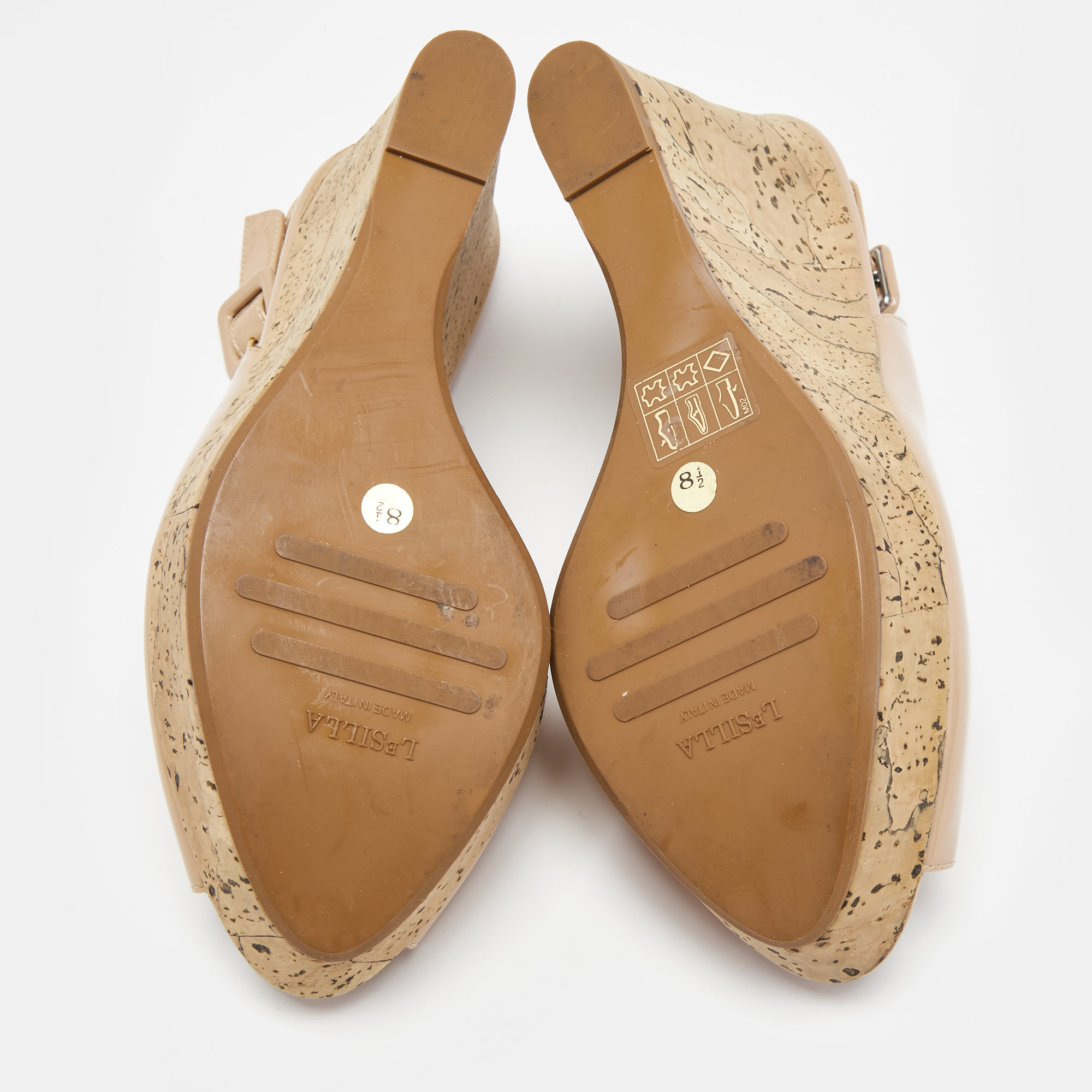 Le Silla Beige Patent Leather Cork Wedge Peep Toe Slingback Sandals Size 39