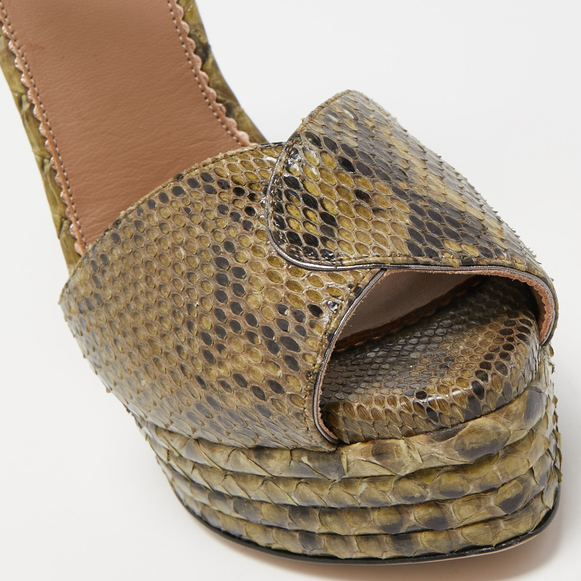 Le Silla Green Python Ankle Strap Platform Sandals Size 40