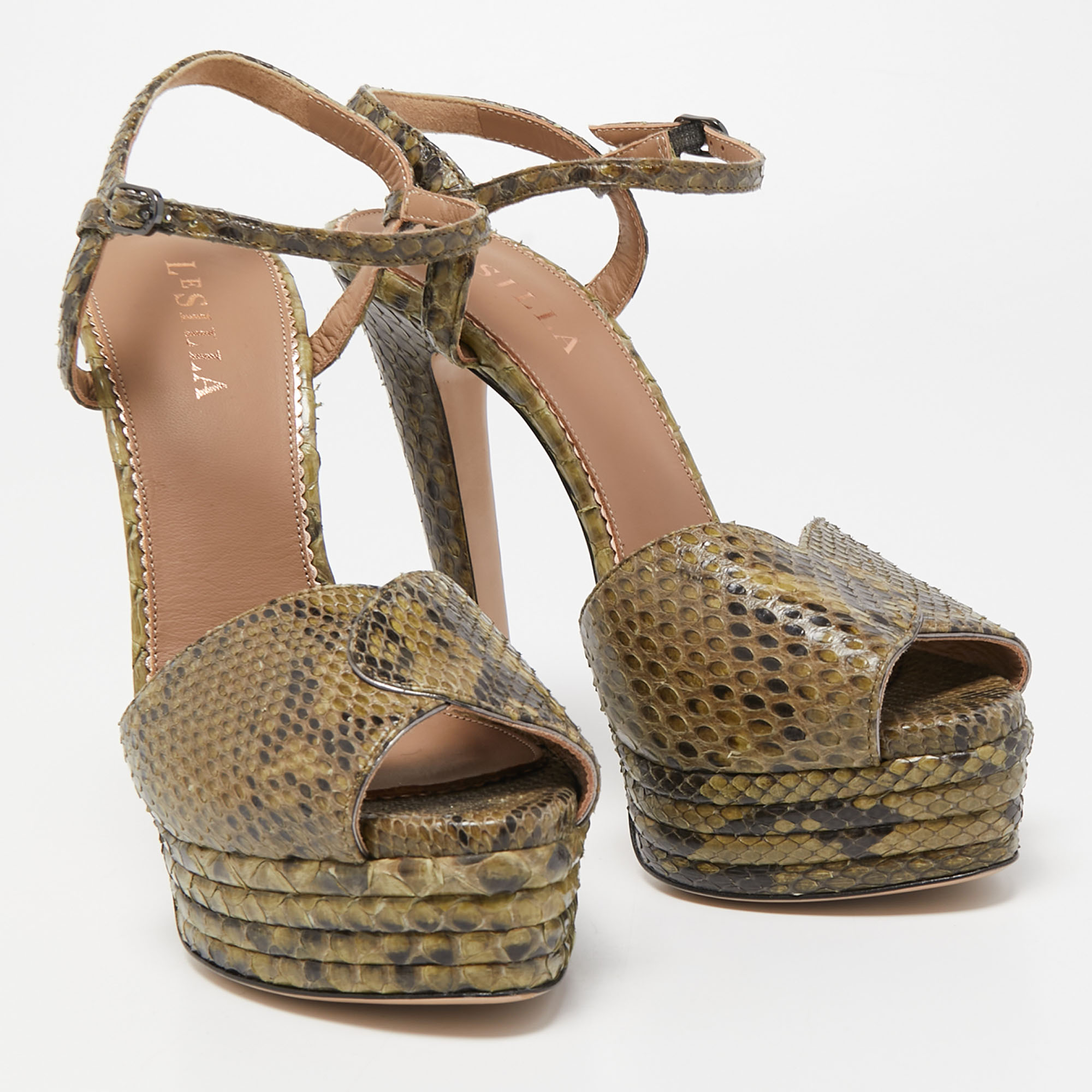 Le Silla Green Python Ankle Strap Platform Sandals Size 40