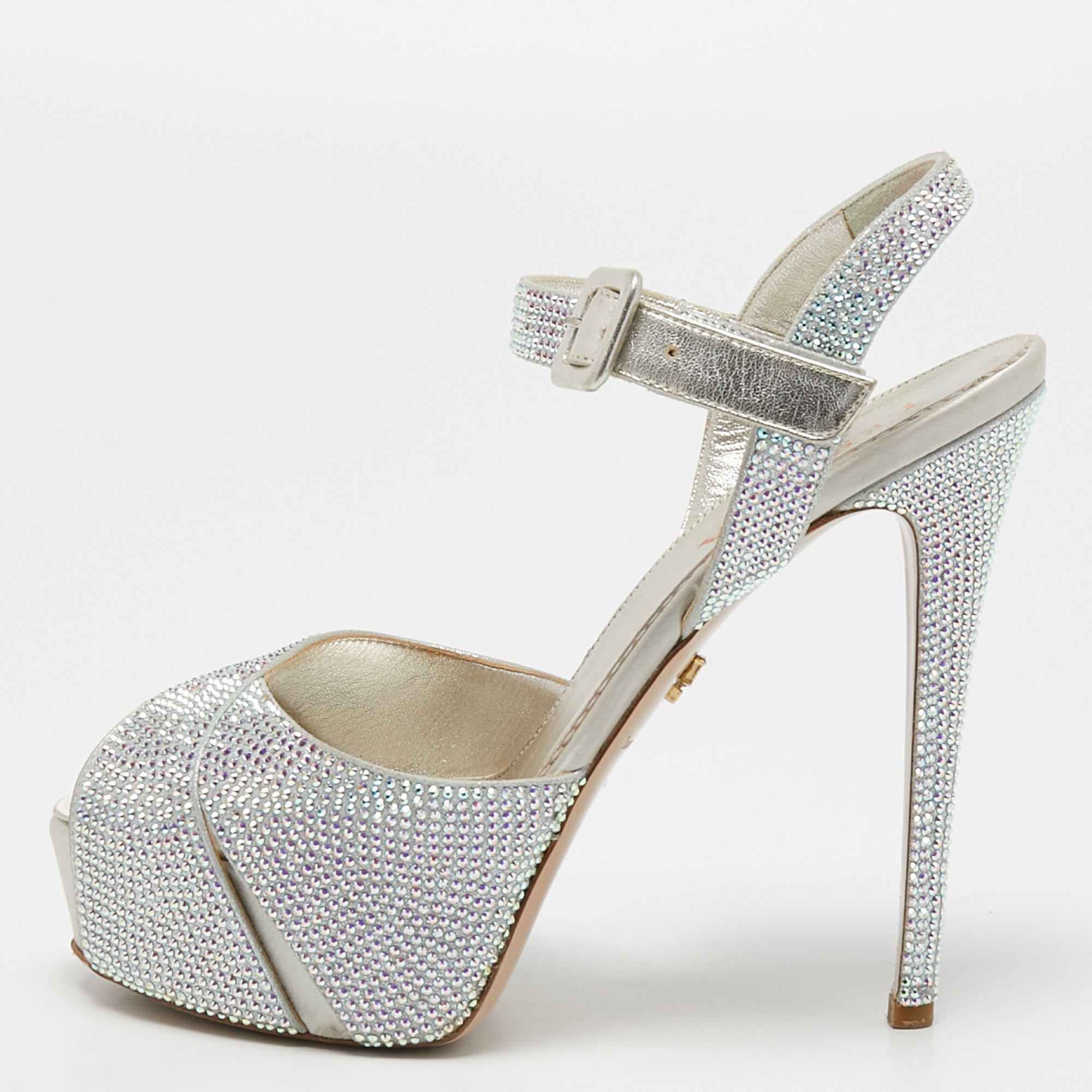 Le Silla Silver Crystal Embellished Cross Strap Platform Ankle Strap Sandals Size 37