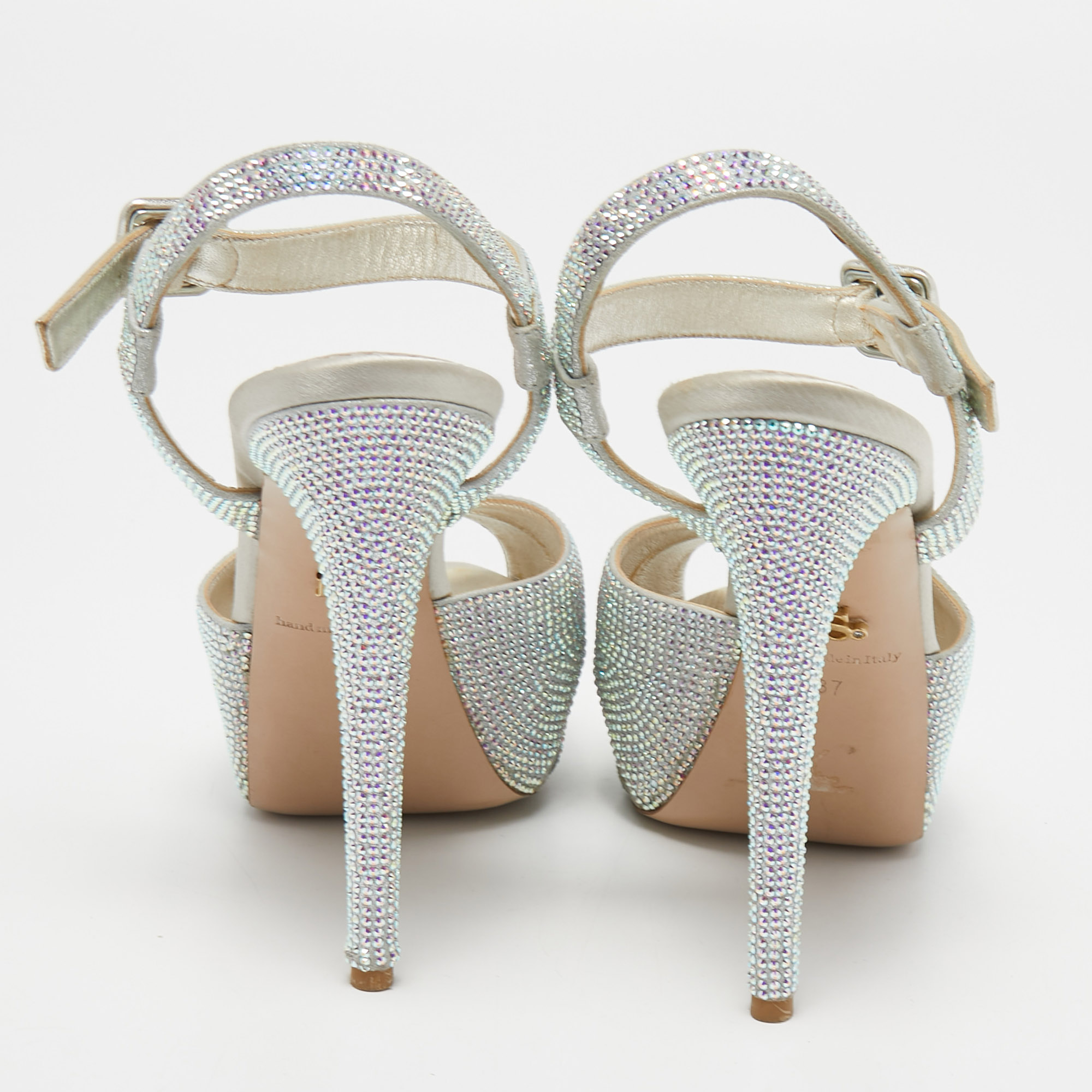 Le Silla Silver Crystal Embellished Cross Strap Platform Ankle Strap Sandals Size 37