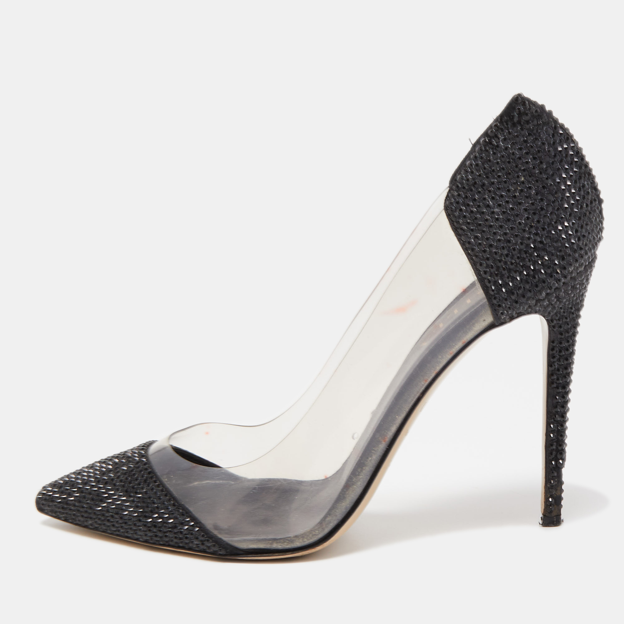 Le silla black crystal embellished leather and pvc pointed toe pumps size 40