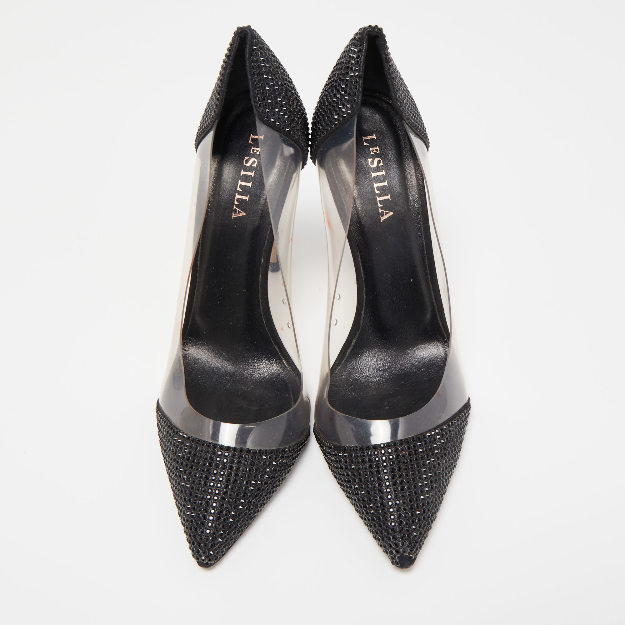 Le Silla Black Crystal Embellished Leather And PVC Pointed Toe Pumps Size 40