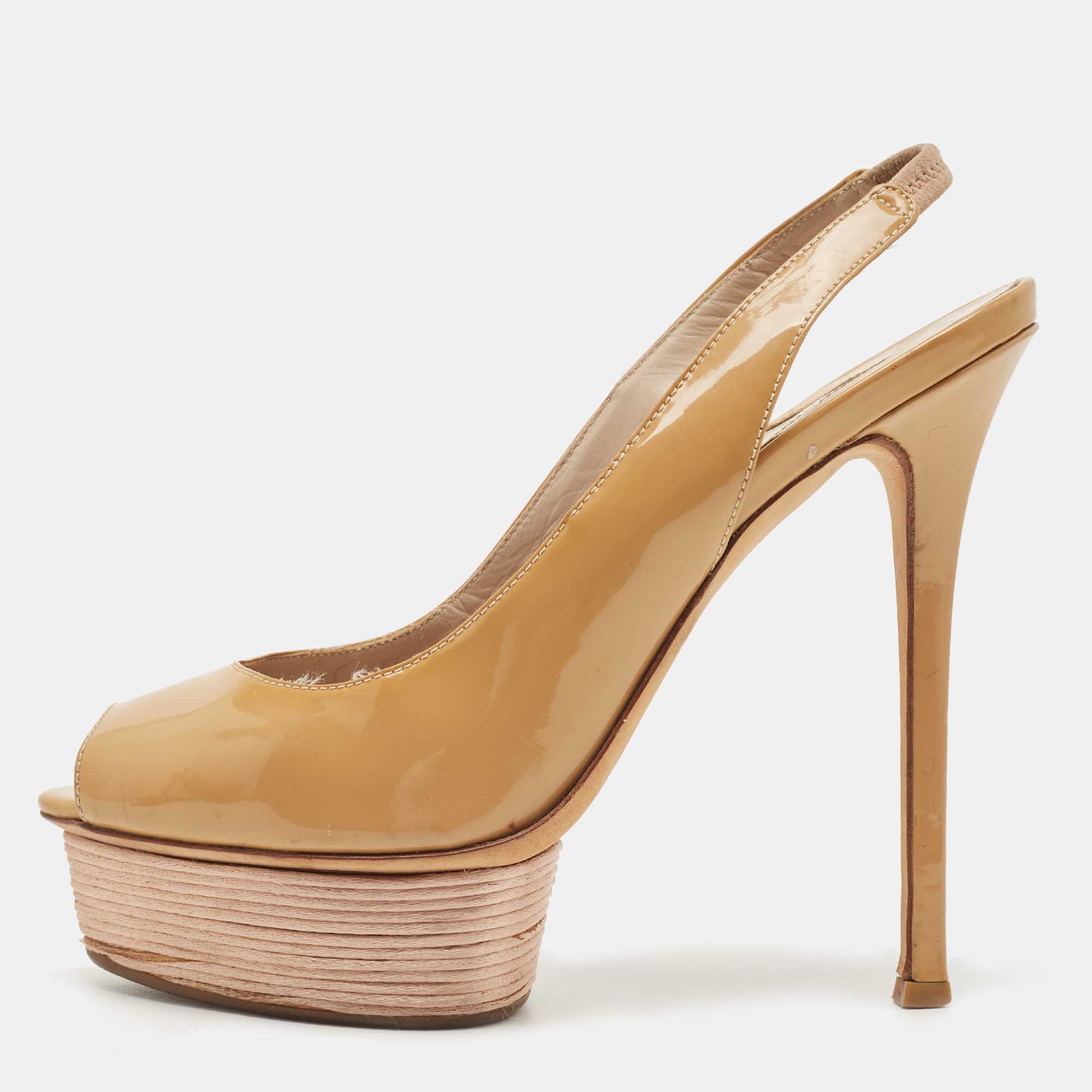 Le Silla Beige Patent Leather Peep Toe Platform Slingback Sandals Size 37
