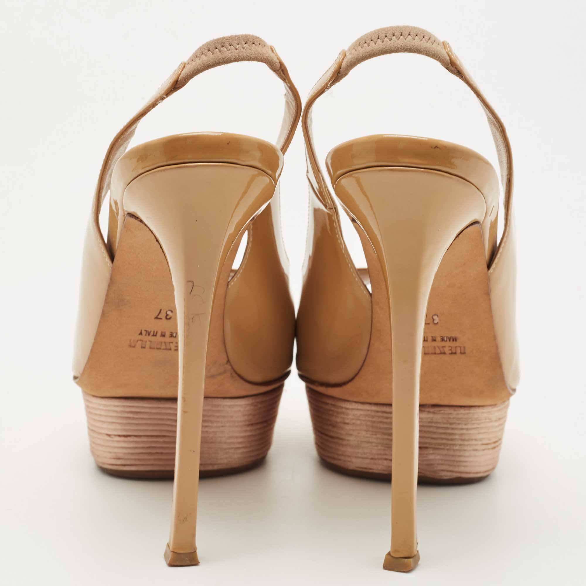Le Silla Beige Patent Leather Peep Toe Platform Slingback Sandals Size 37