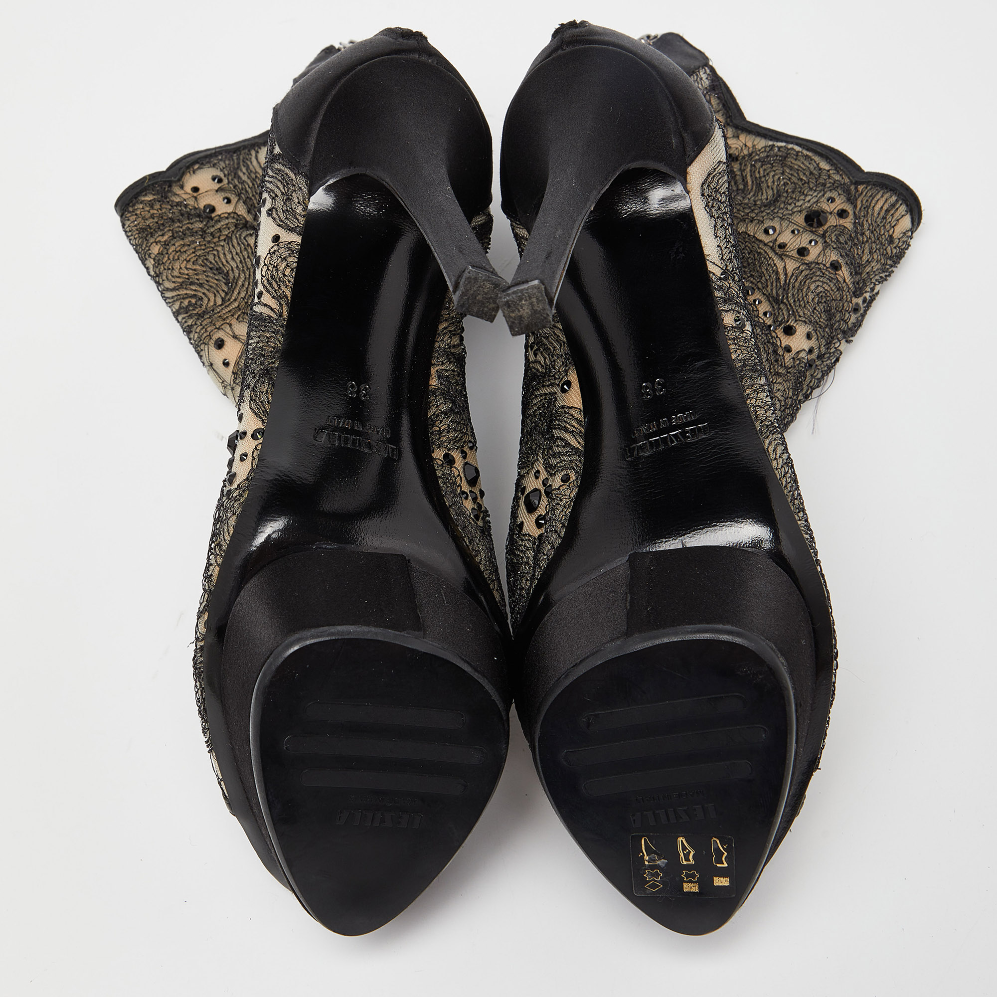 Le Silla Black/Beige Embellished Mesh Peep Toe Platform Ankle Booties Size 38