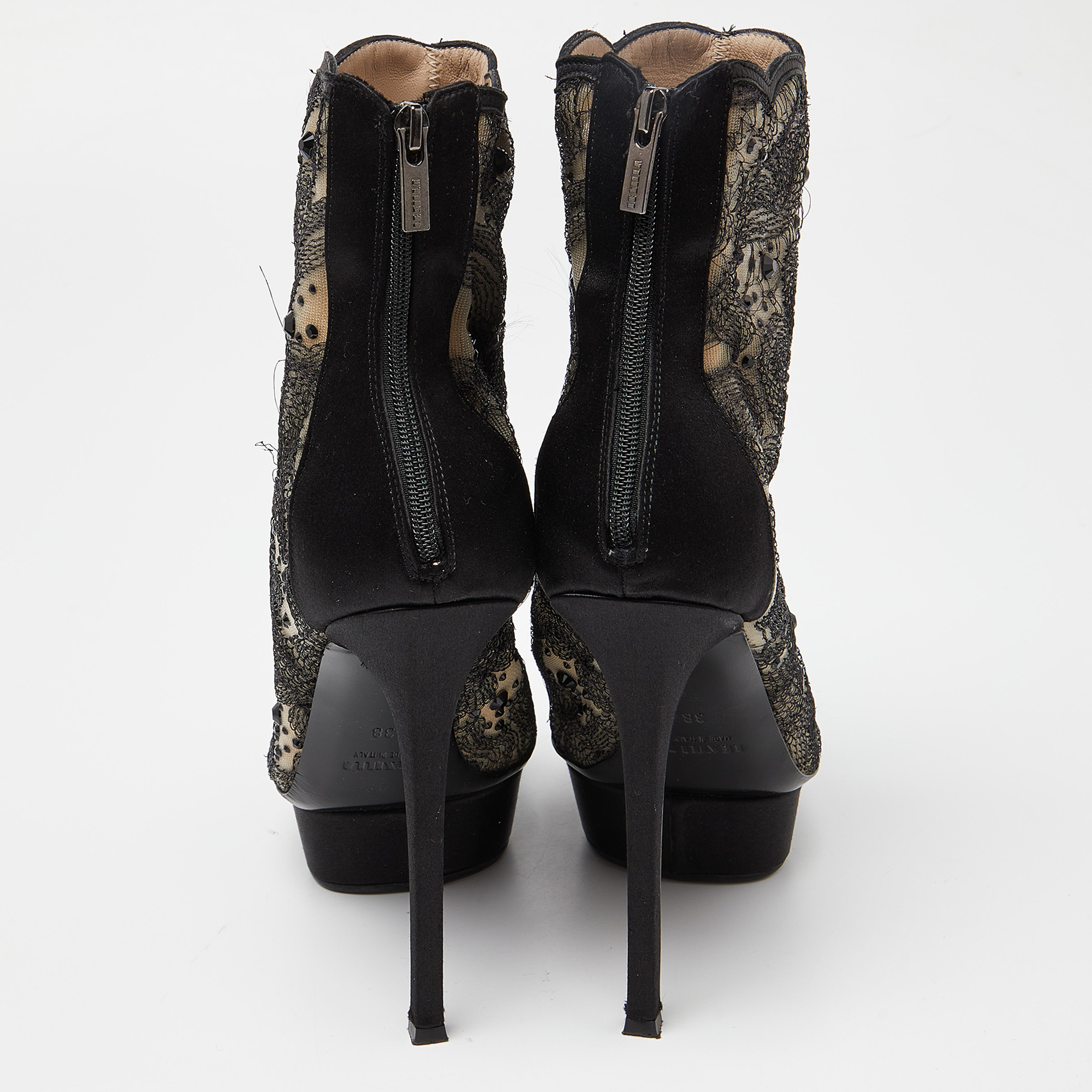 Le Silla Black/Beige Embellished Mesh Peep Toe Platform Ankle Booties Size 38
