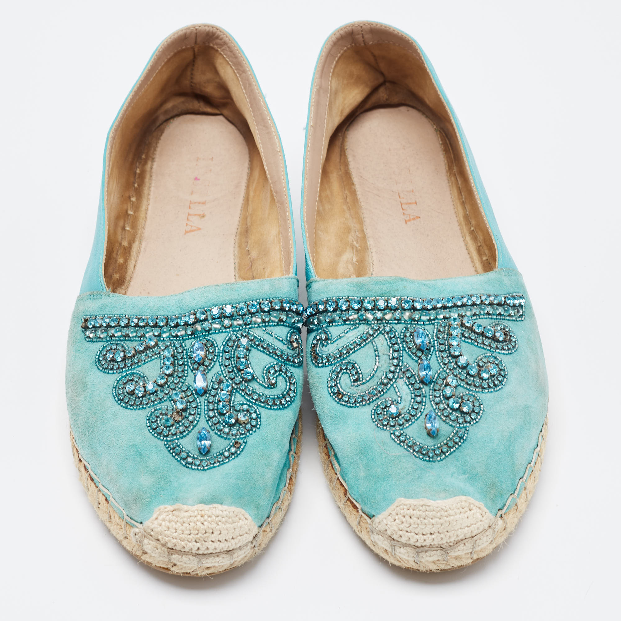 Le Silla Turquoise Suede And Leather Crystal Embellished Espadrille Flats Size 39