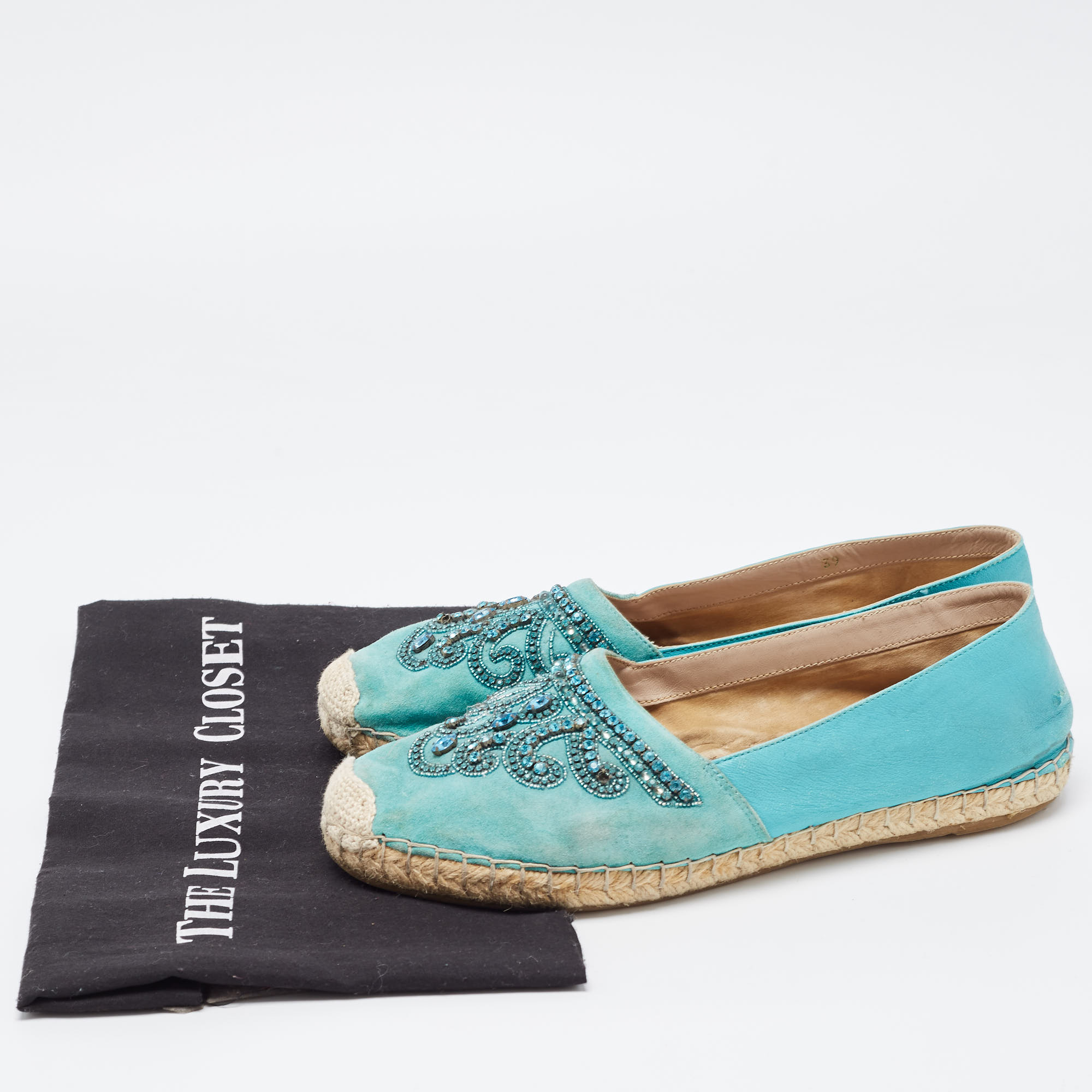Le Silla Turquoise Suede And Leather Crystal Embellished Espadrille Flats Size 39