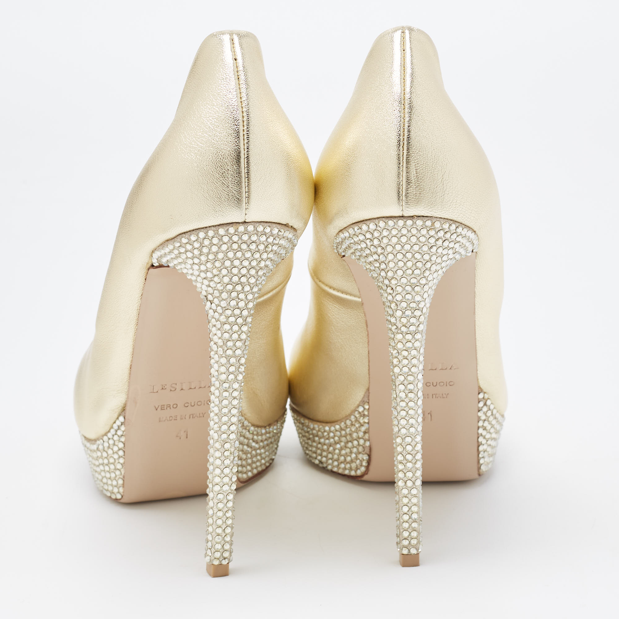 Le Silla Golden Leather Crystal Embellished Platform Peep Toe Pumps Size 41