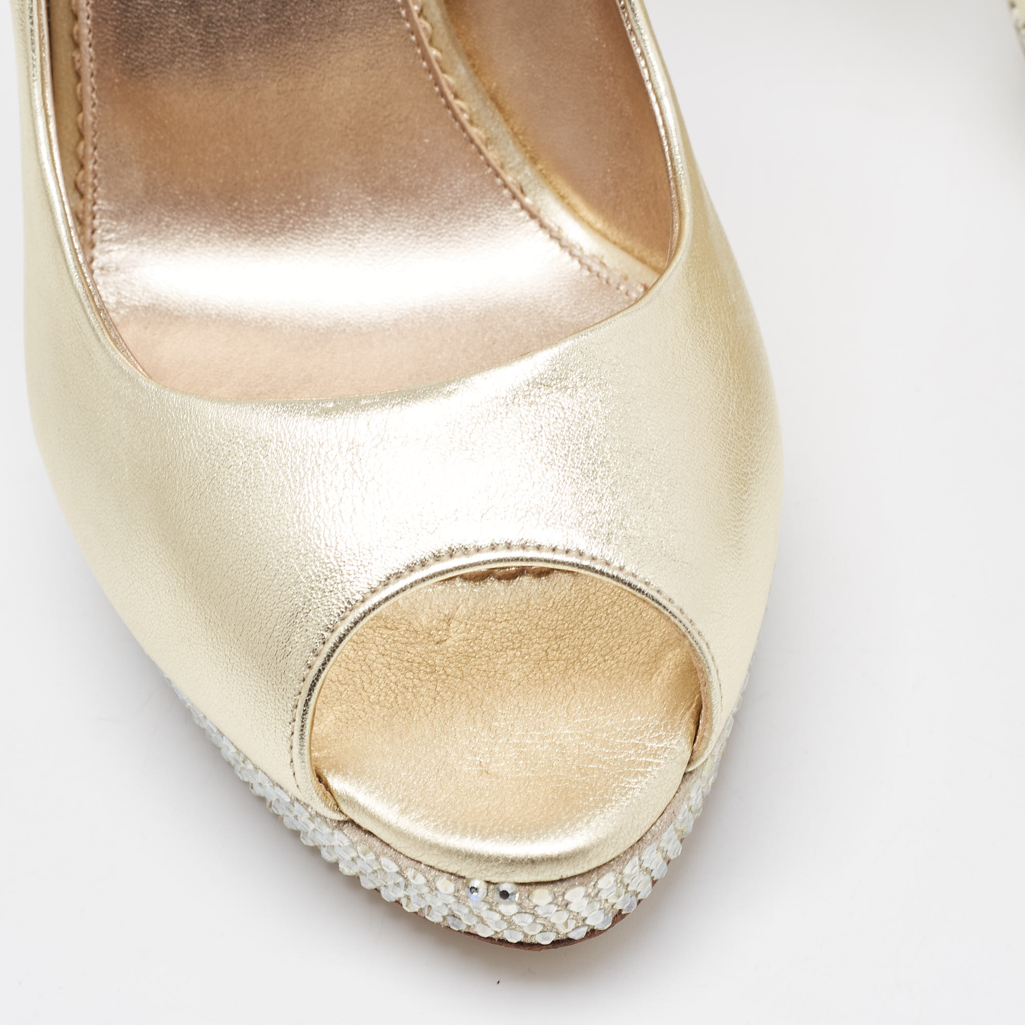 Le Silla Golden Leather Crystal Embellished Platform Peep Toe Pumps Size 41