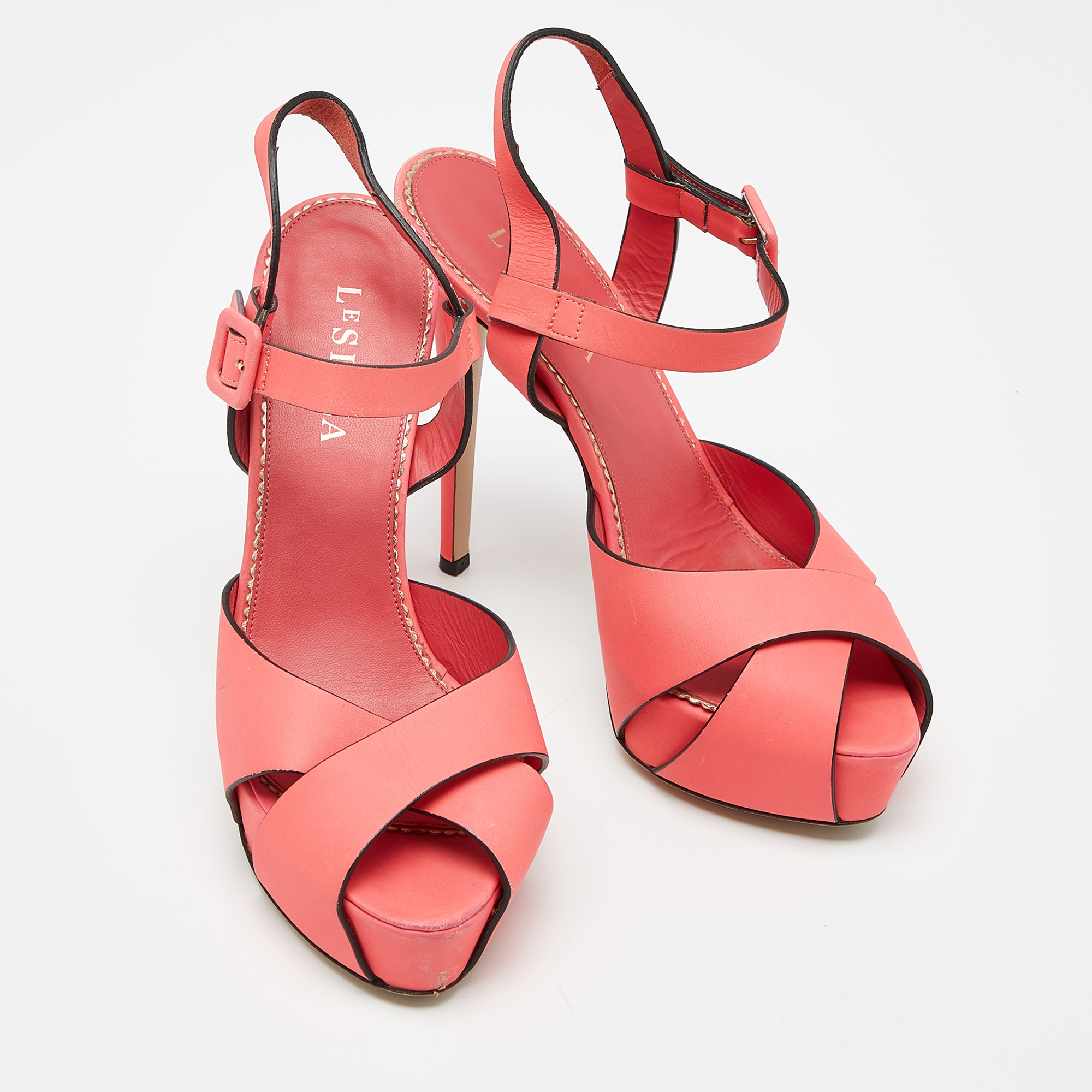 Le Silla Coral Pink Leather Ankle Strap Platform Sandals Size 39