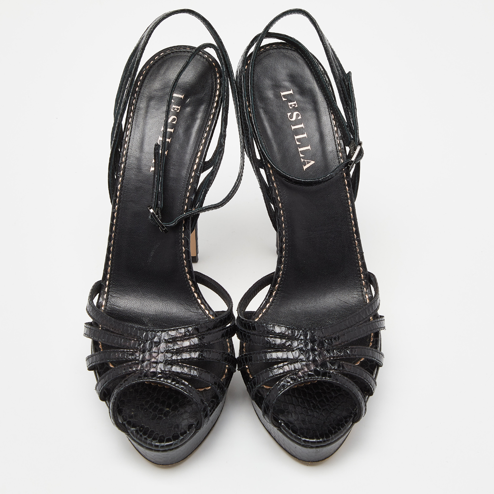 Le Silla Black Python Embossed Leather Ankle Strap Platform Sandals Size 40