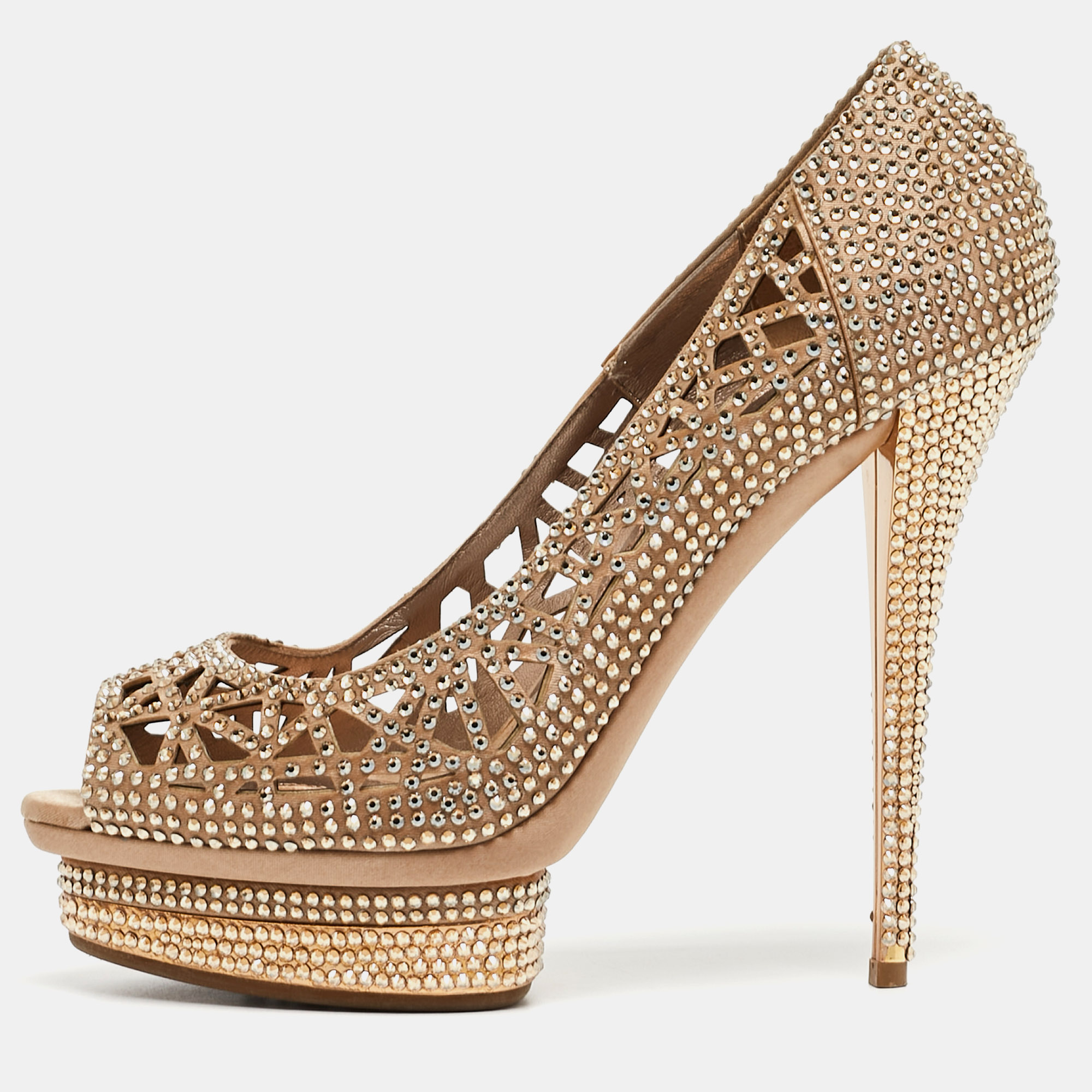 Le Silla Gold  Satin Crystal Embellished Peep Toe Pumps Size 37