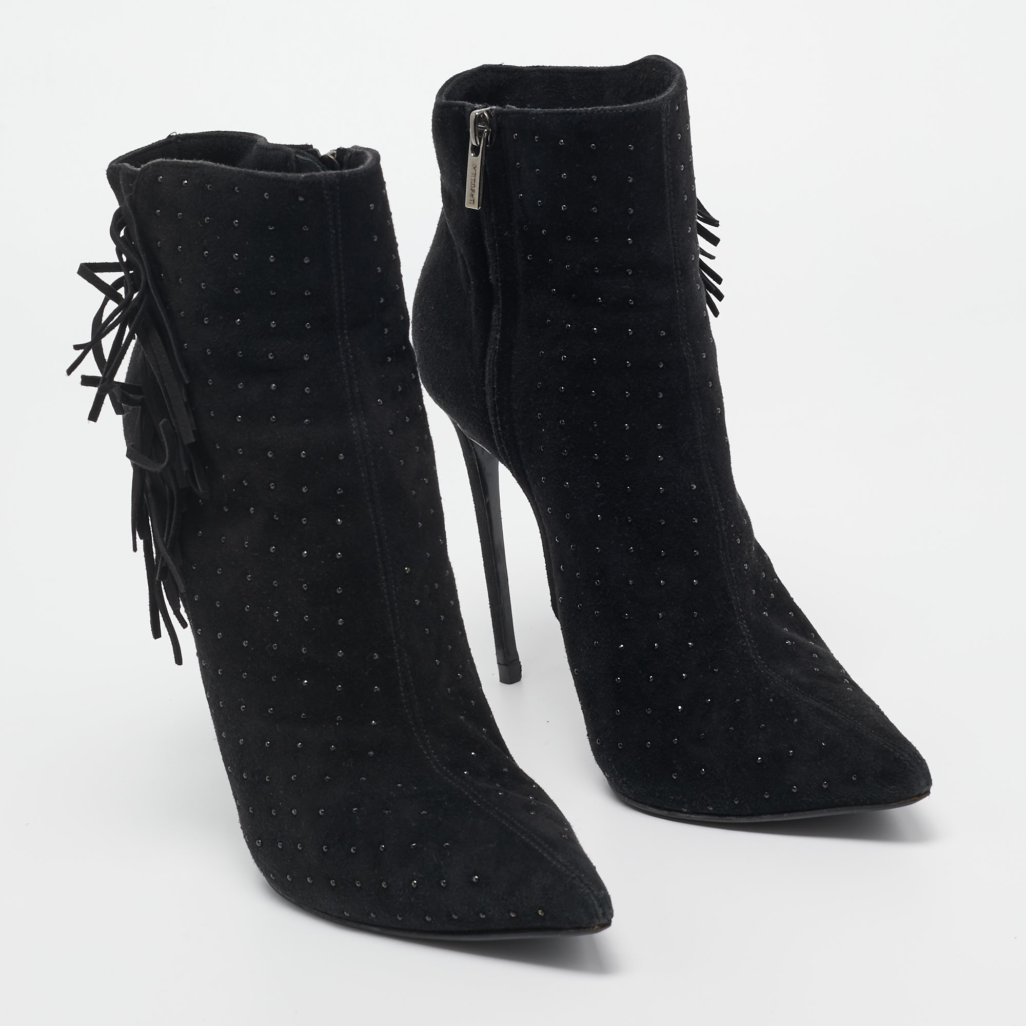 Le Silla Black Suede Studded Lace-Up Ankle Boots Size 38