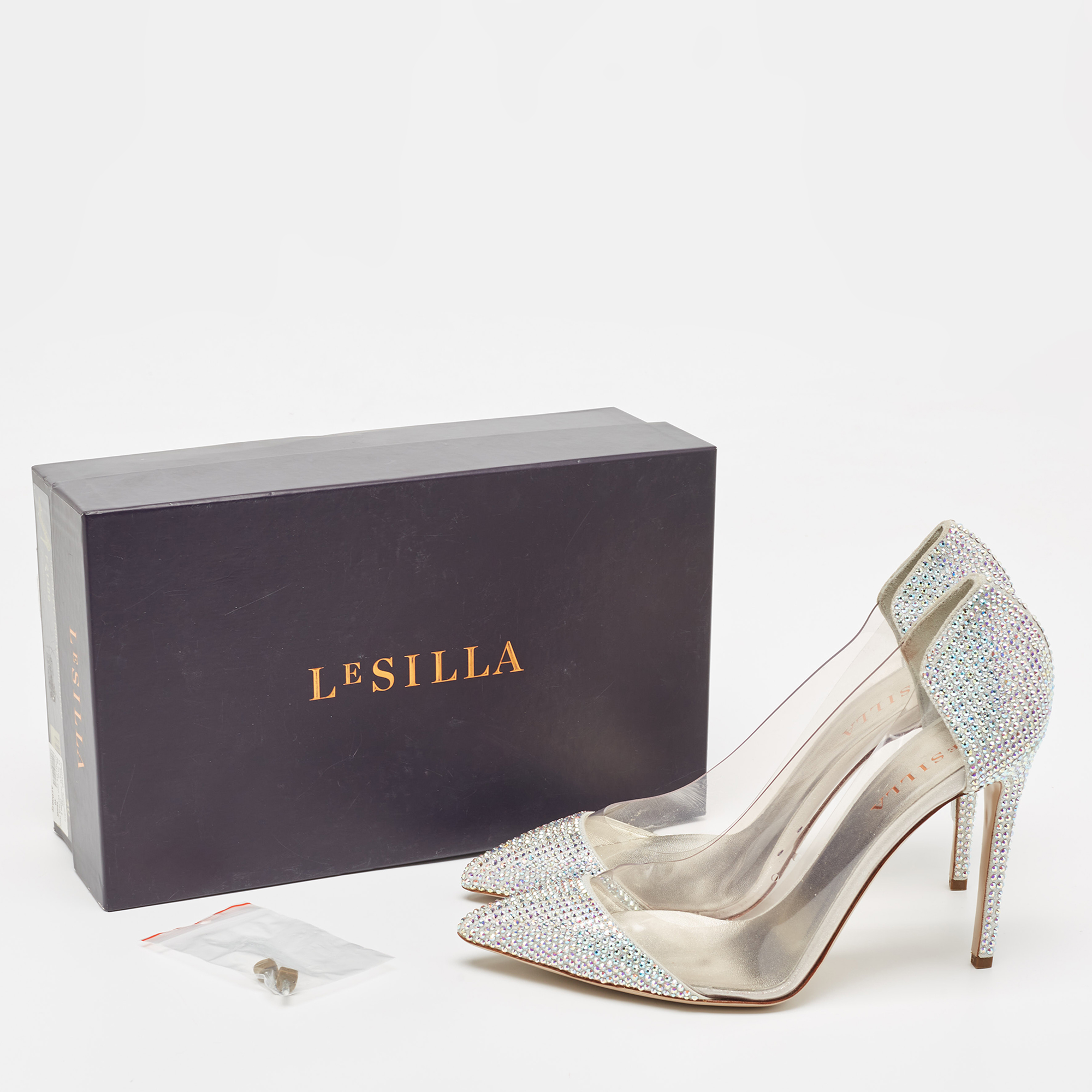 Le Silla Silver Suede And PVC Crystal Embellished Pumps Size 39.5