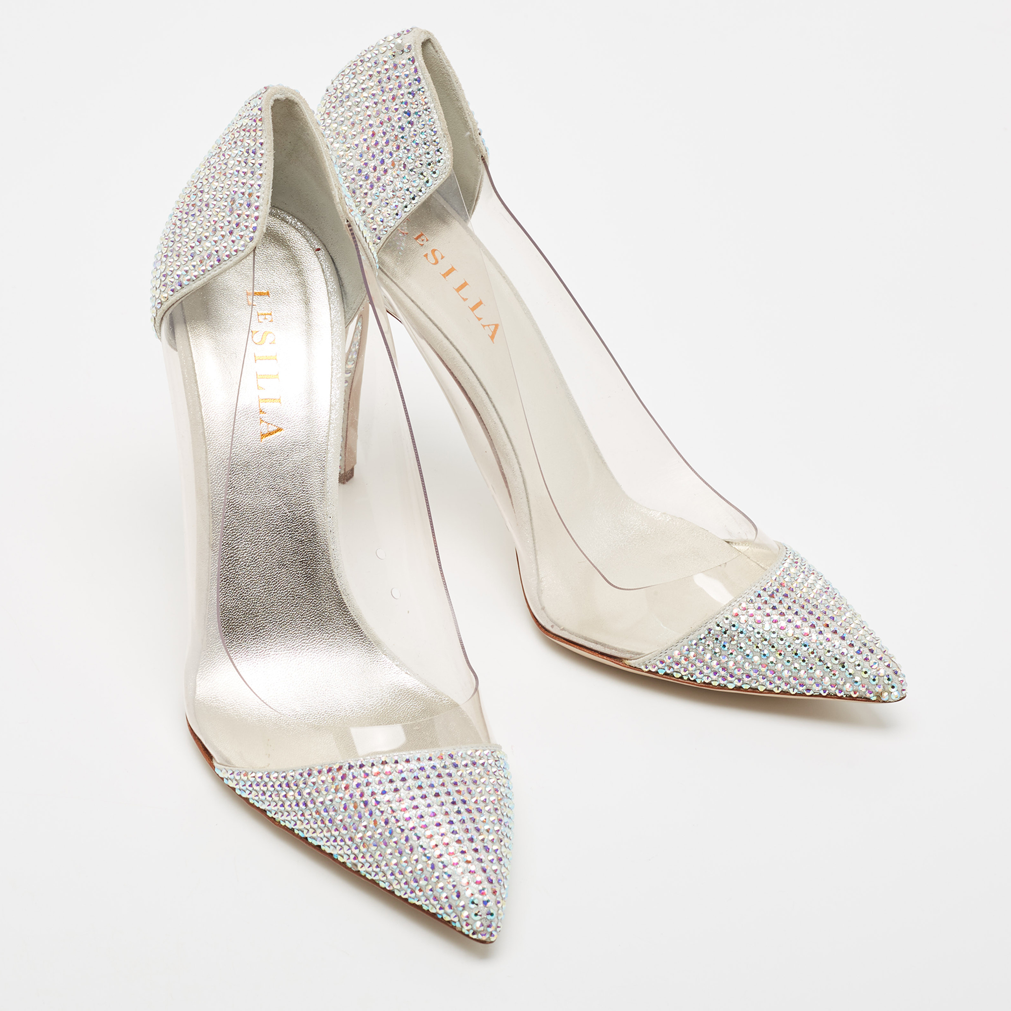 Le Silla Silver Suede And PVC Crystal Embellished Pumps Size 39.5