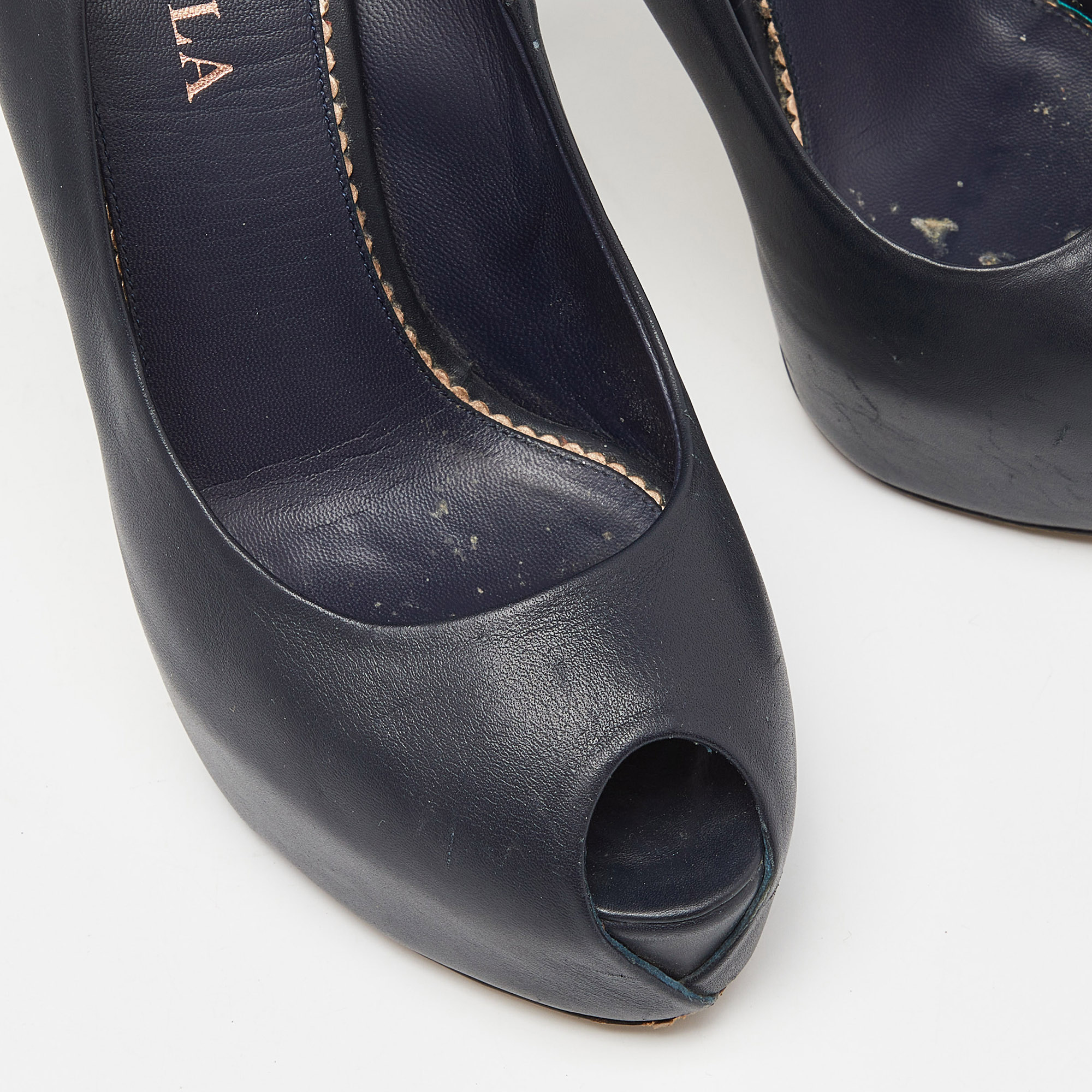 Le Silla Blue Leather Embellished Heel Peep Toe Pumps Size 37