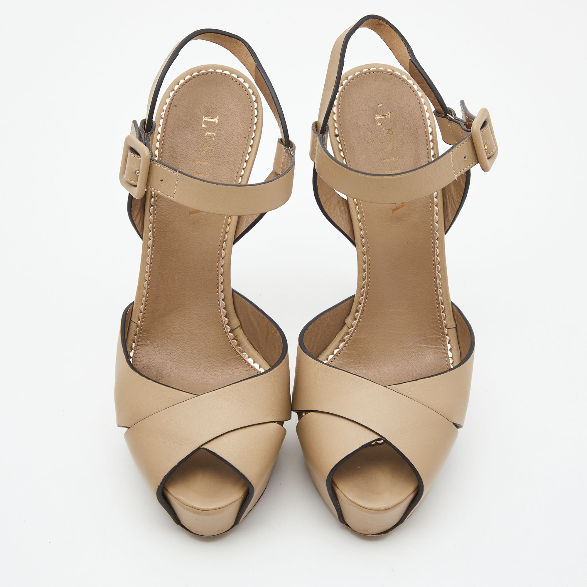 Le Silla Beige Leather Platform Ankle Strap Sandals Size 37