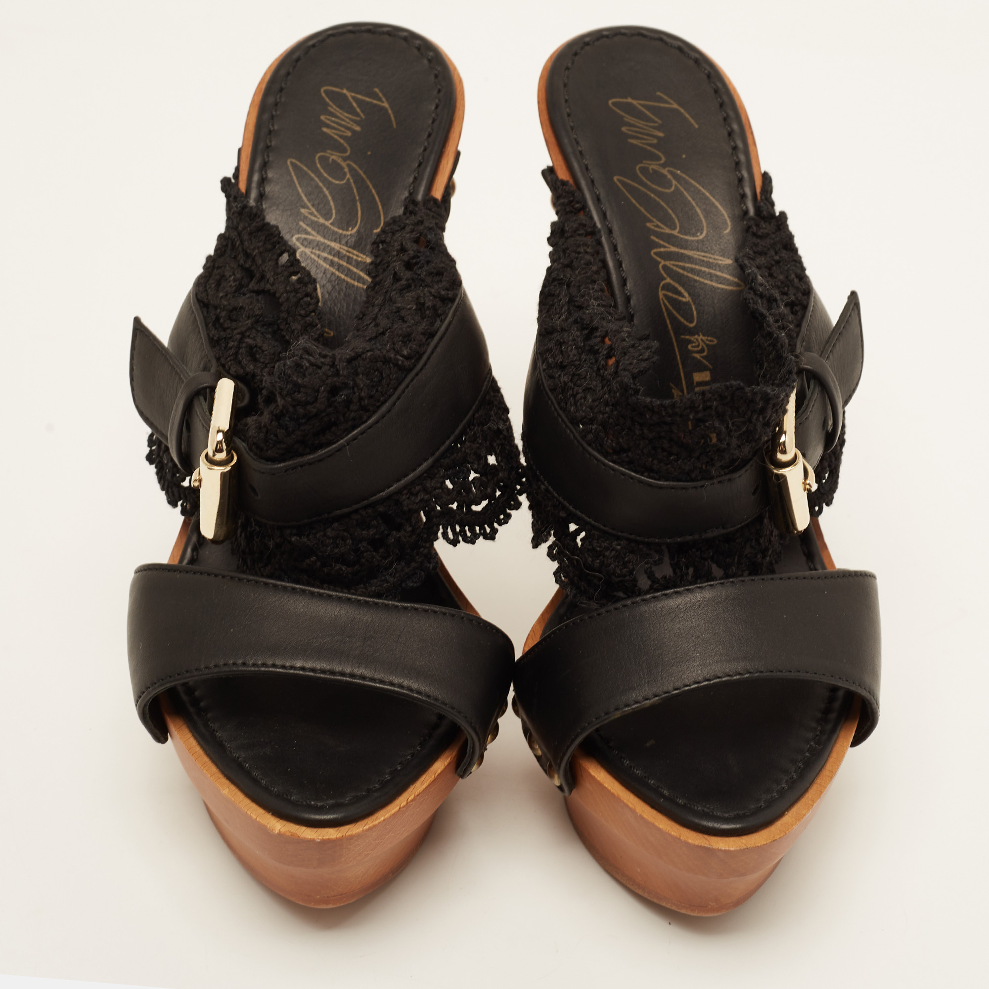Le Silla Black Leather And Lace Wooden Platform Slide Sandals Size 36