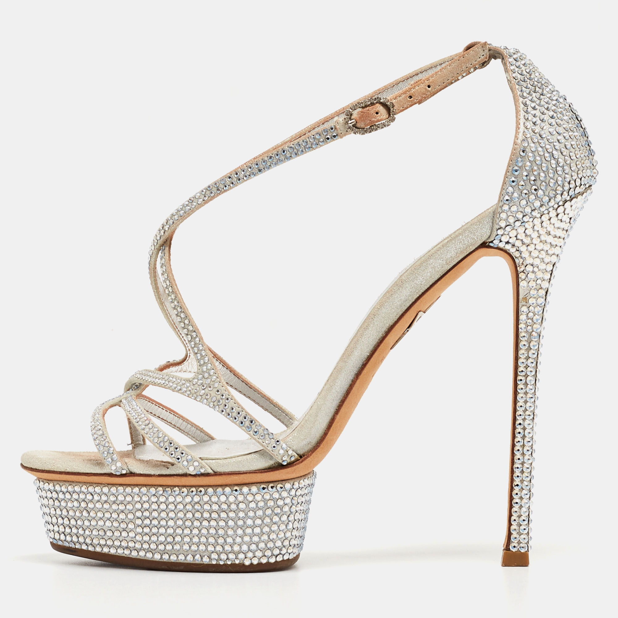 Le silla silver leather and crystal embellished criss cross strap platform sandals size 37