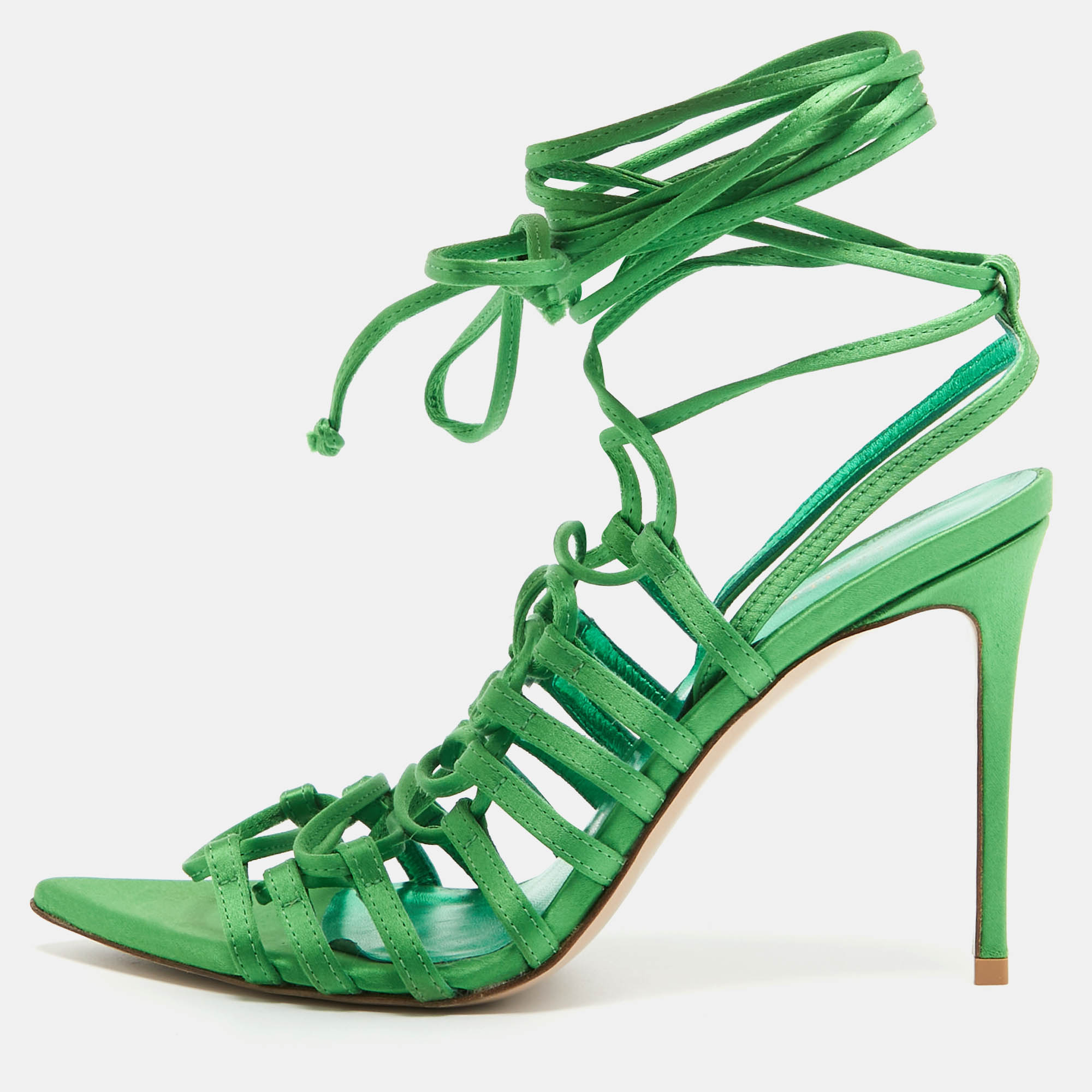 Le silla green satin lace up ankle wrap sandals size 36.5
