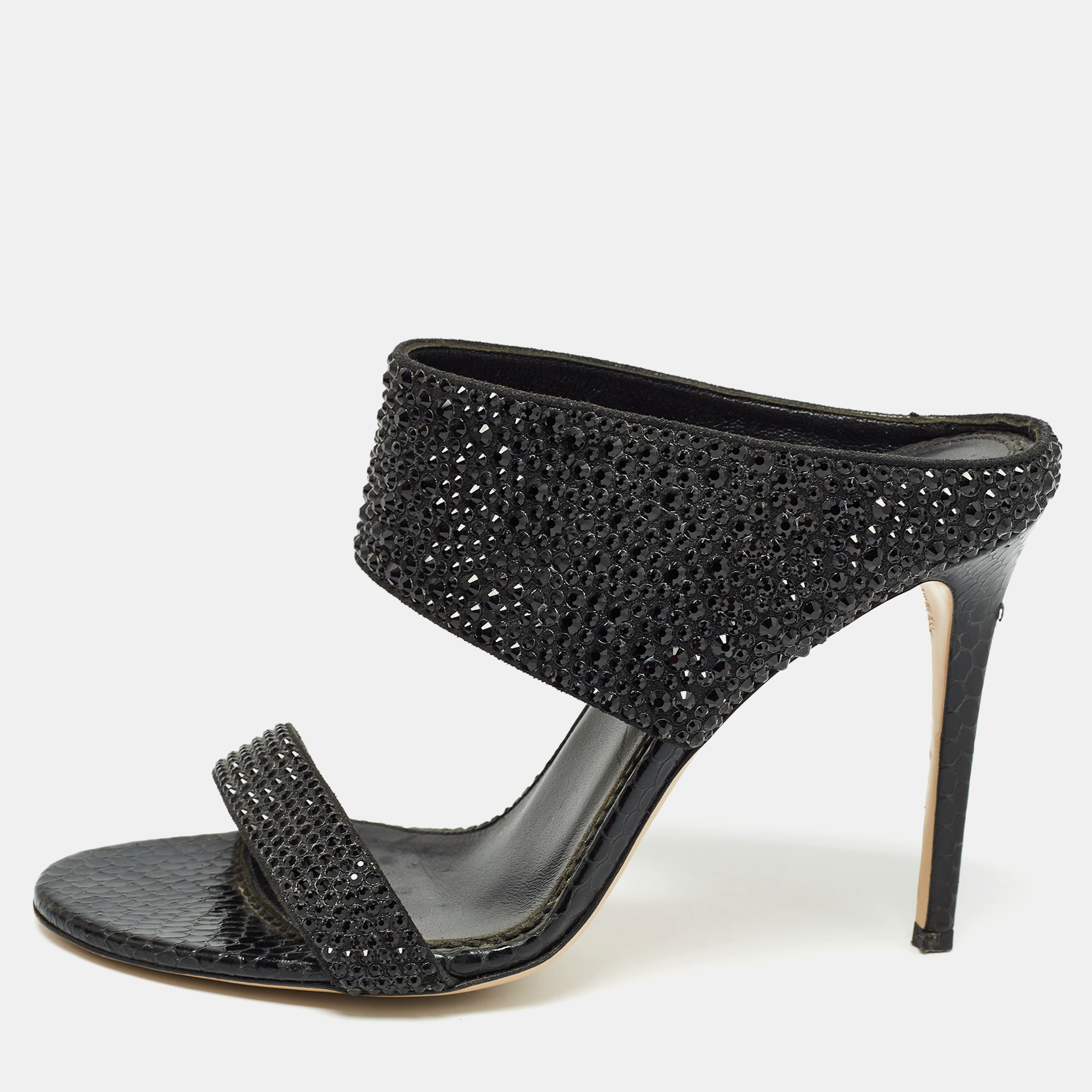 

Le Silla Black Suede and Snakeskin Embossed Crystals Embellished Sandals Size