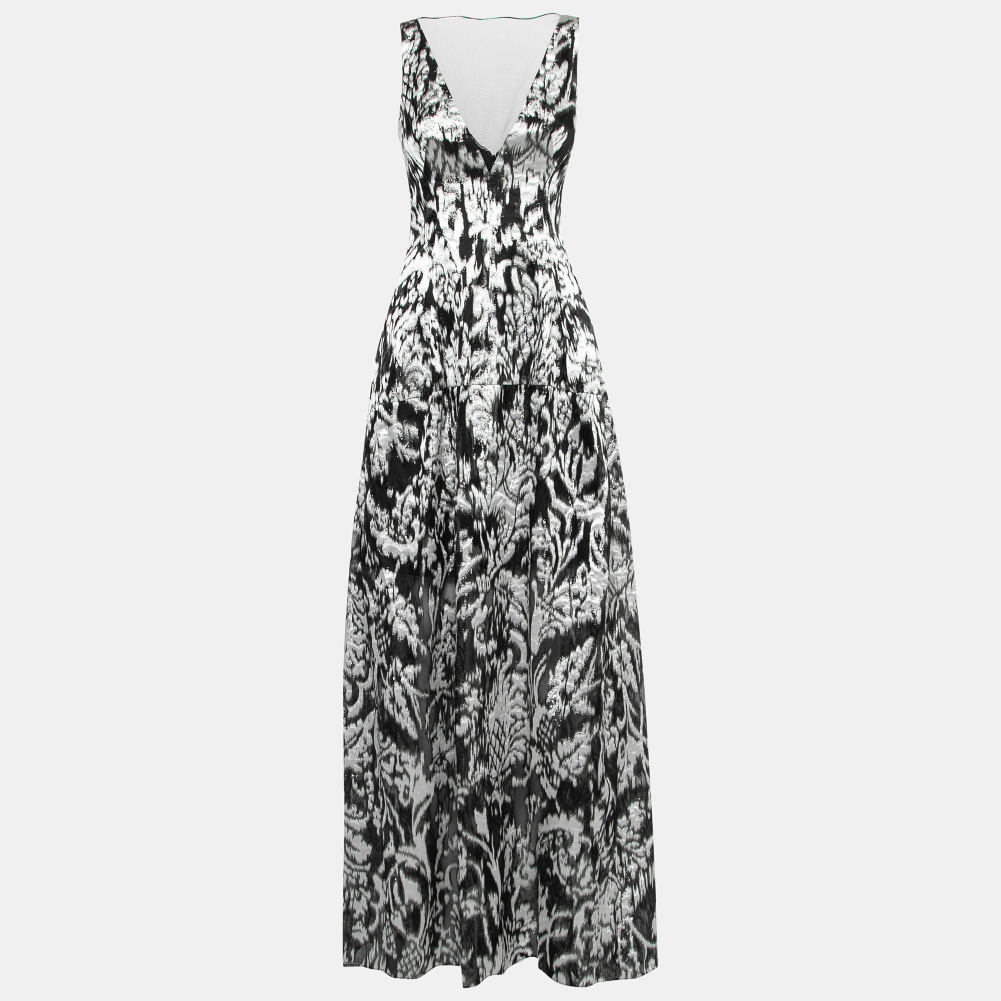 Lela Rose Monochrome Lurex Ikat Patterned Jacquard Sheer Yoke Sleeveless Gown XS