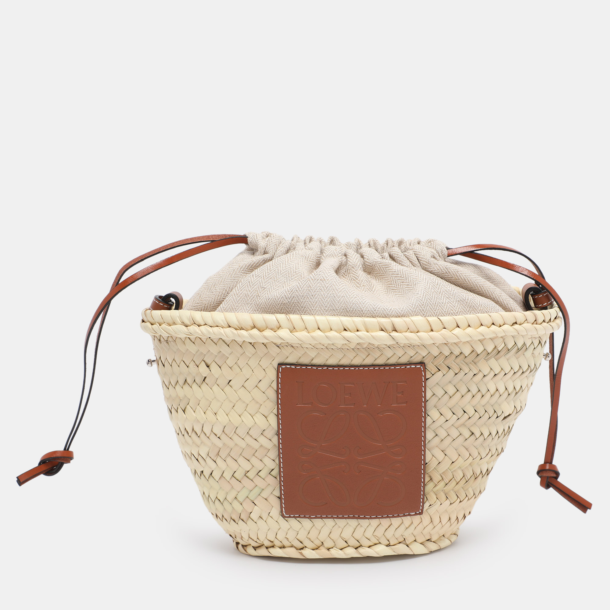 Brown Raffia and Canvas Drawstring Bucket Bag - Loewe - Modalova