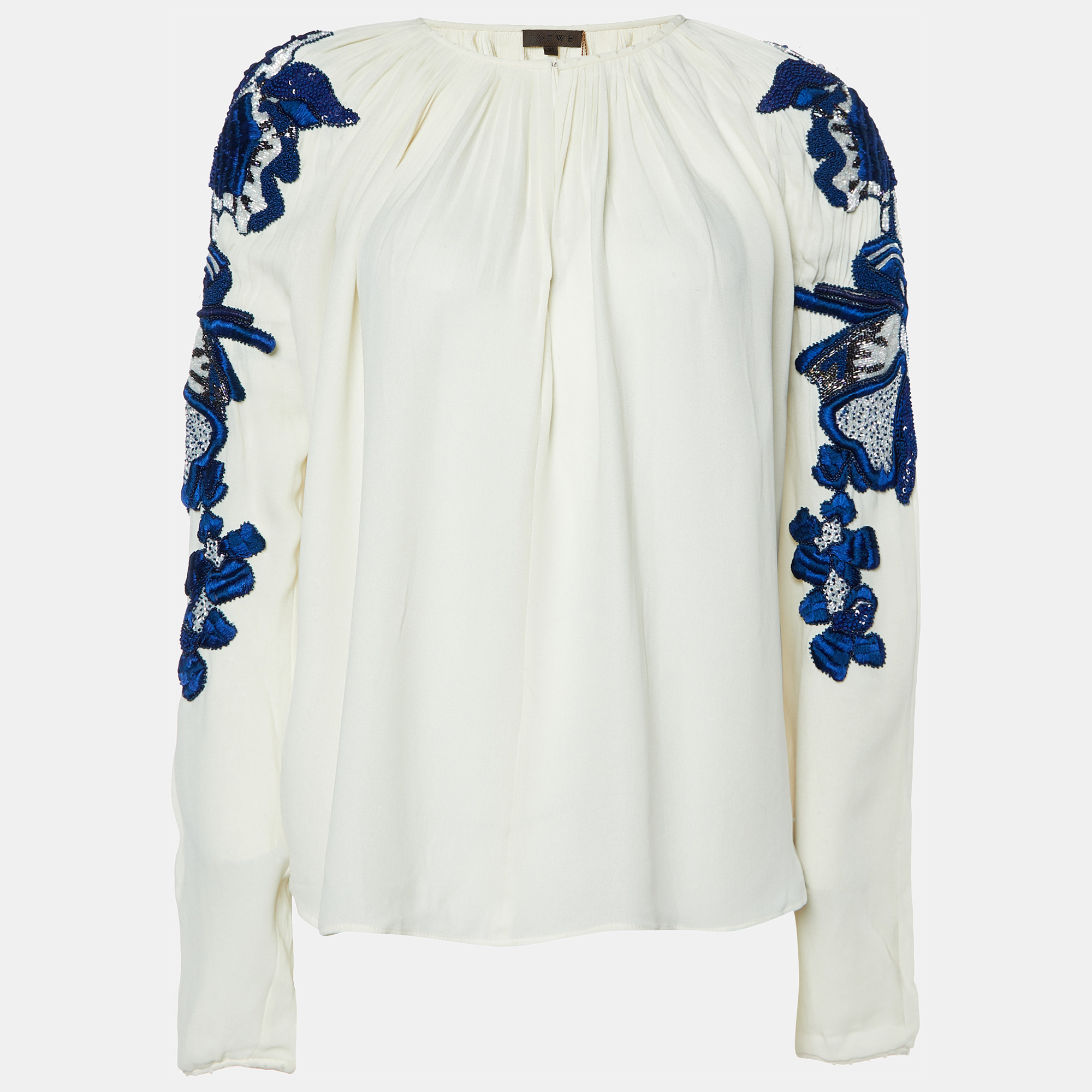 Loewe off white silk embellished sleeves pleated top m