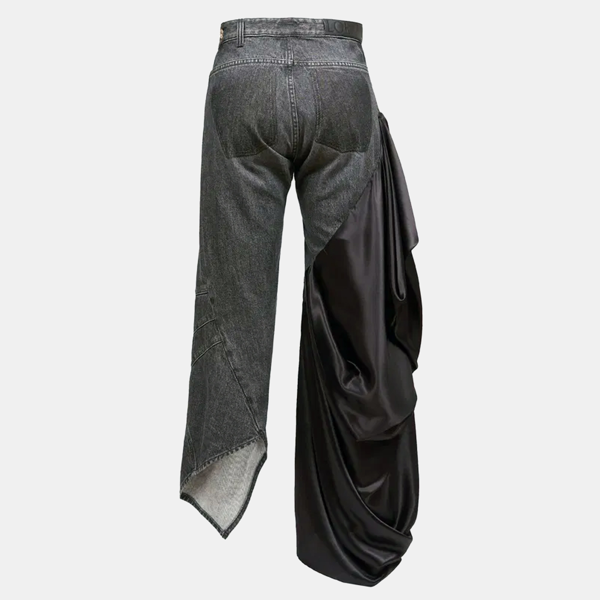 Loewe Black Denim Satin Draped Panel Asymmetric Pants M