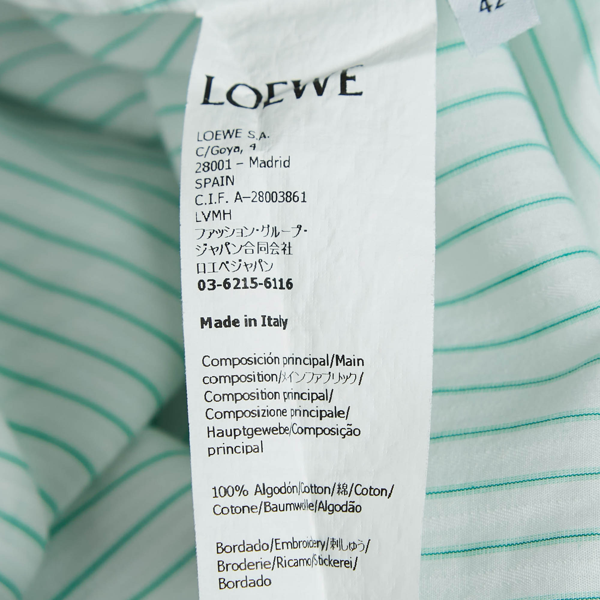 Loewe Green/White Striped Cotton Back Open Trapeze Shirt XL