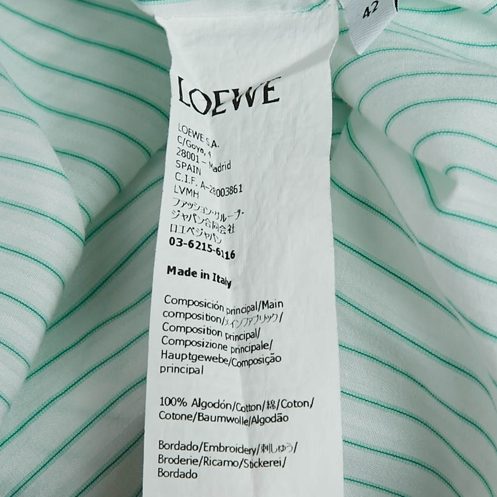 Loewe Green/White Striped Cotton Back Open Trapeze Shirt XL