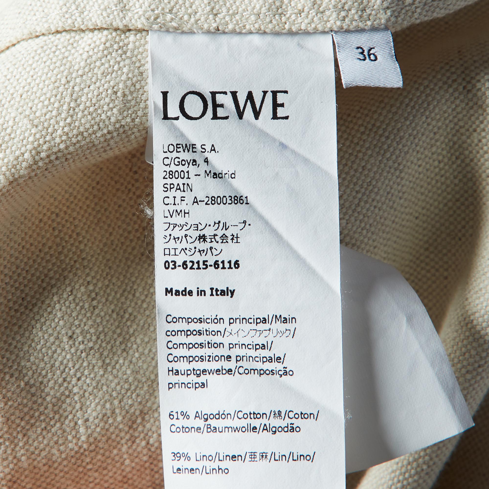 Loewe Beige Cotton-Linen Blend Leather Trimmed Peacoat S