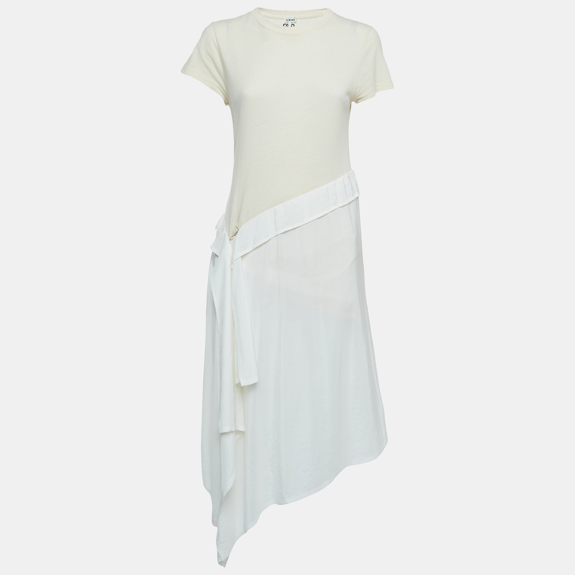 Loewe Cream/White Cotton & Silk Asymmetrical Midi Dress XS