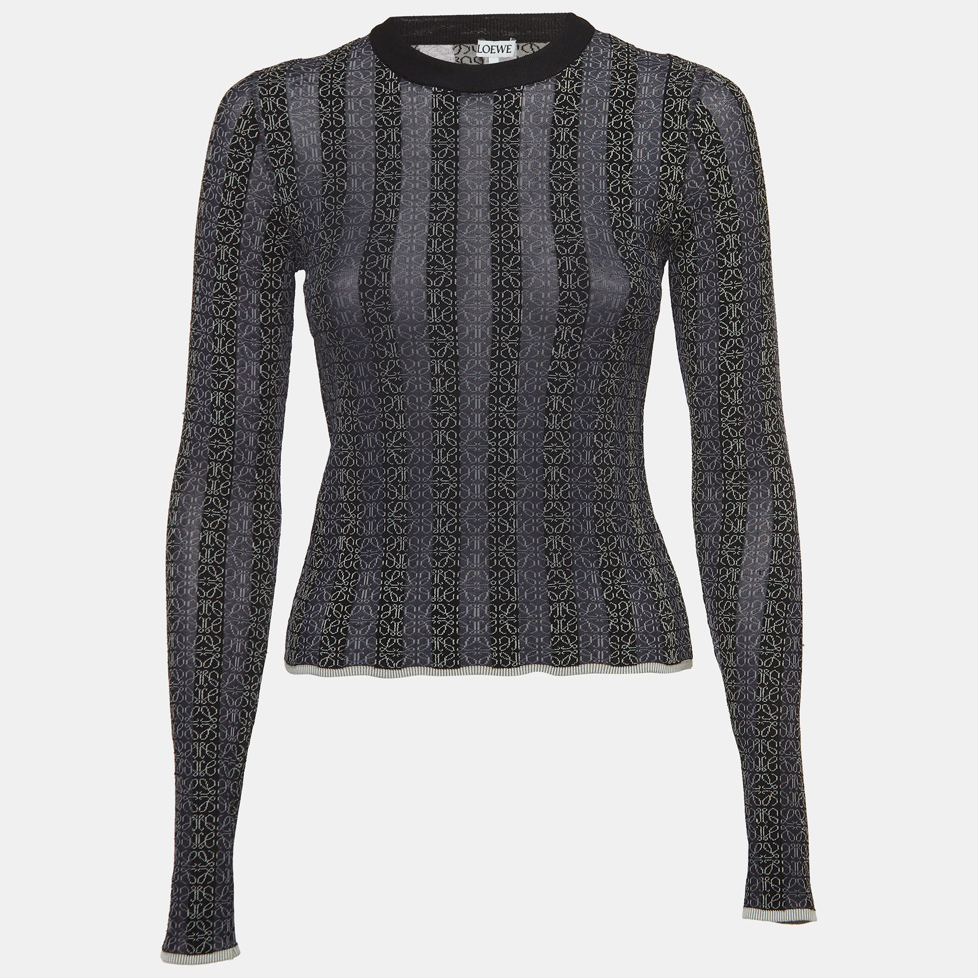 Loewe Navy Blue/Black Anagram Print Devore Knit Sweater M
