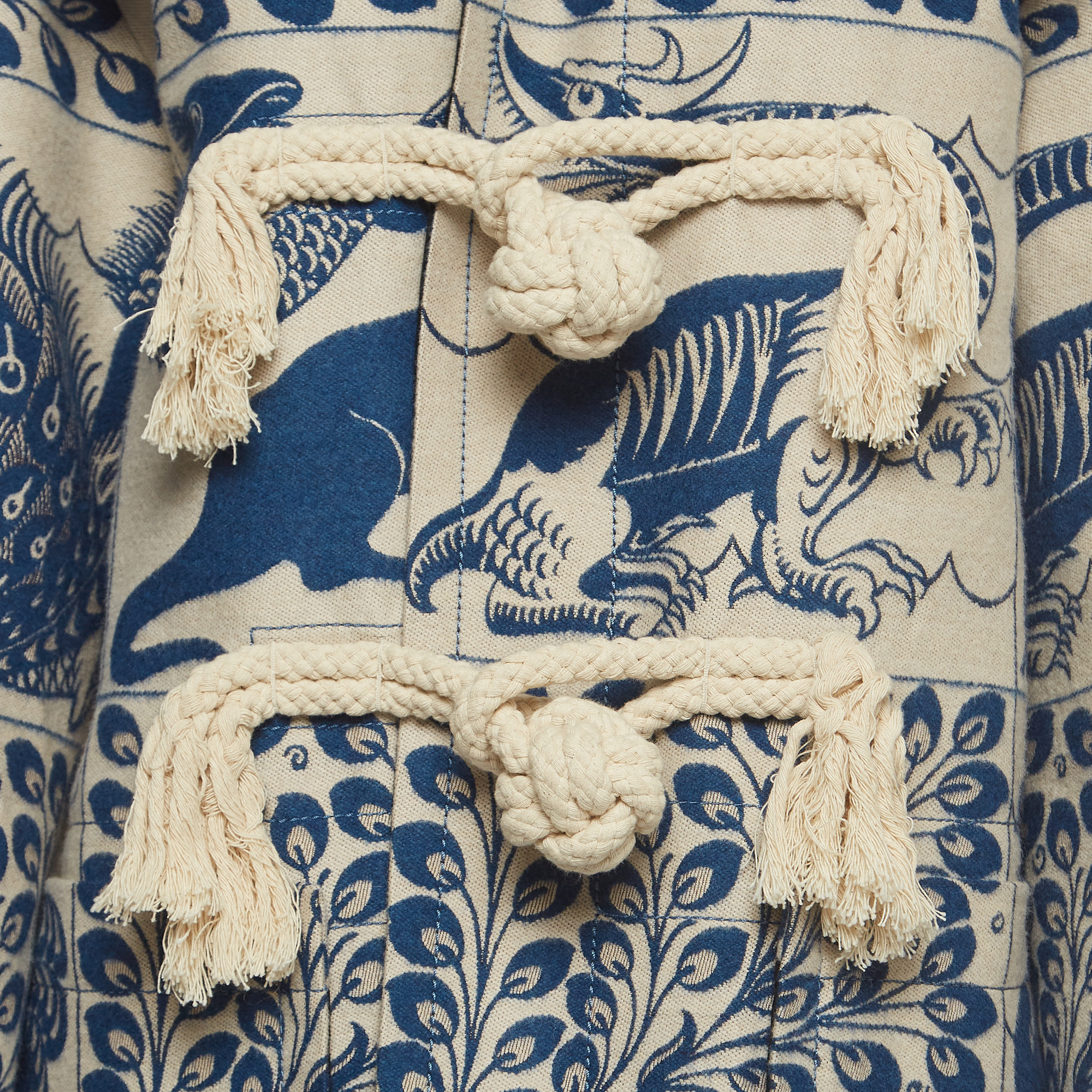 Loewe White/Blue Floral Motif Jacquard Duffel Coat M