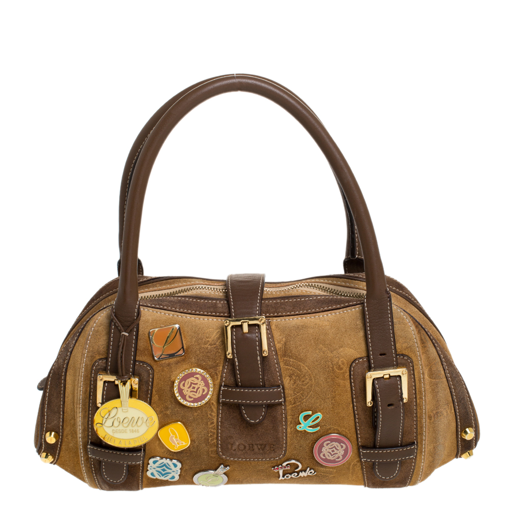 Image of Loewe Brown Badge Suede and Leather th Anniversary Satchel
