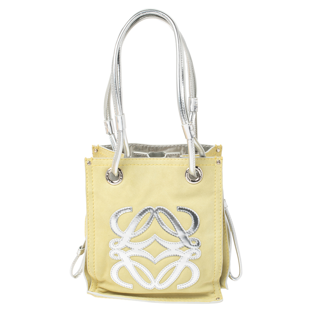 Image of Loewe Silver/Yellow Leather and Suede Drawstring Bag