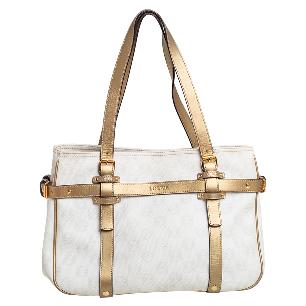 Loewe White/Gold Anagram Canvas and Leather Tote