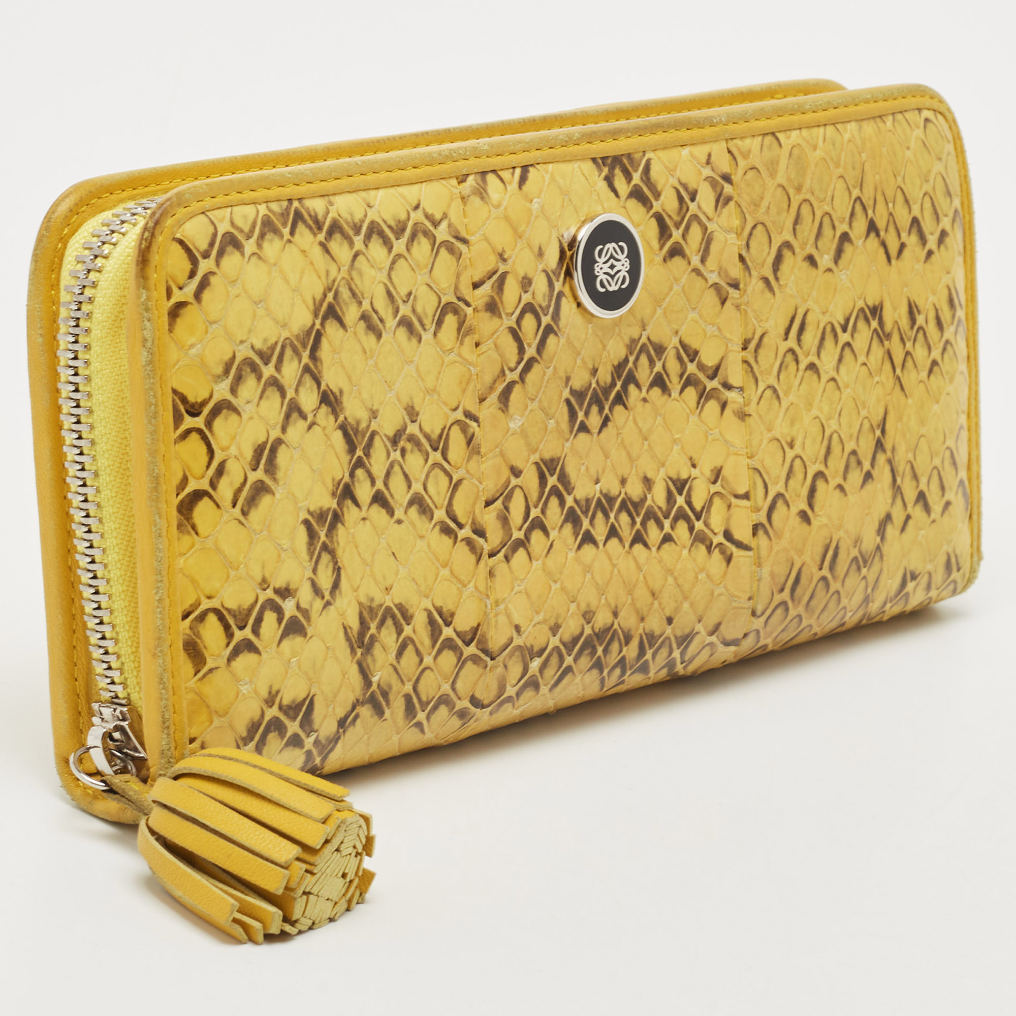 Loewe Yellow Snake Leather Tassel Zip Around Wallet